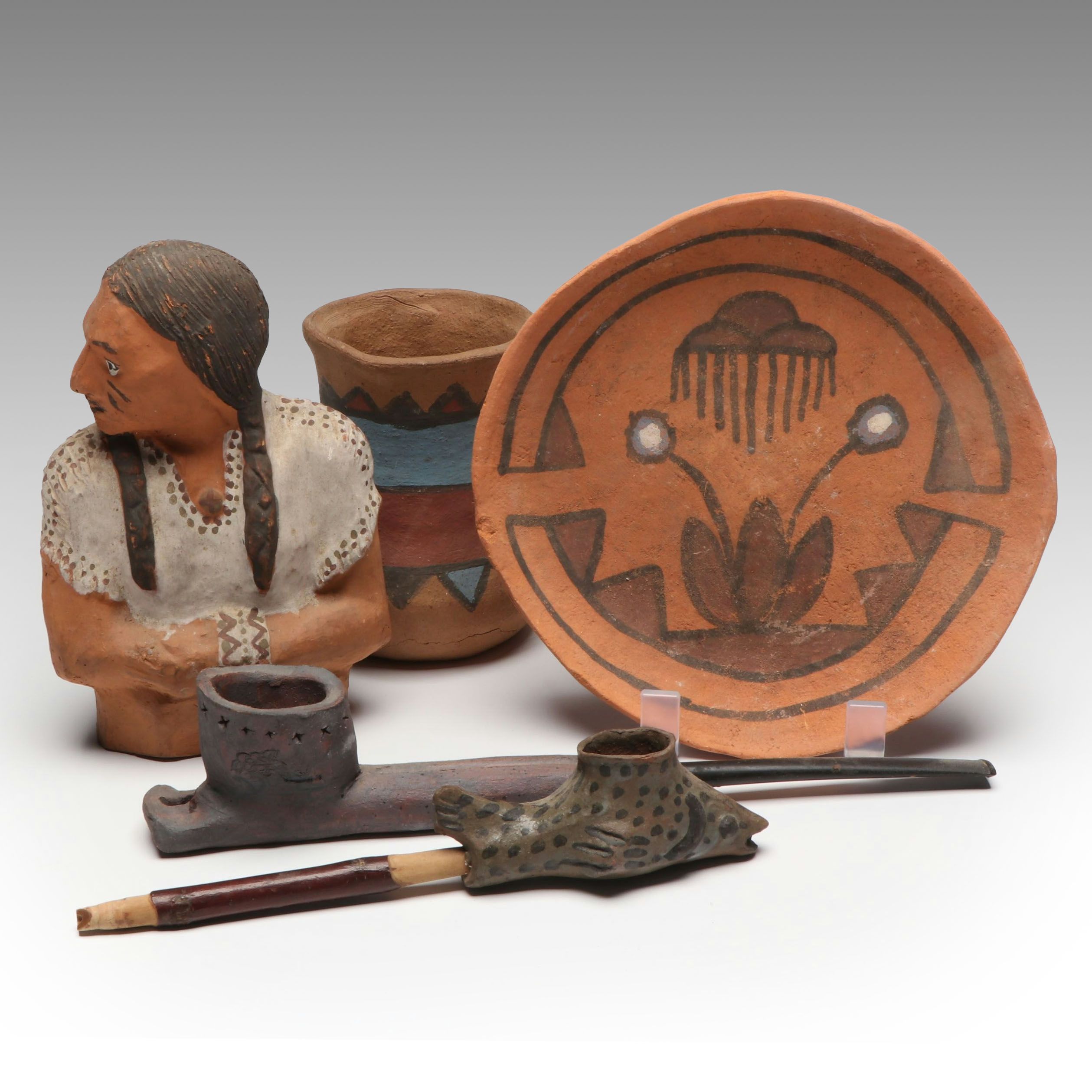 Lutz Handcrafted Pipes and Native American Figure with Earthenware Pottery