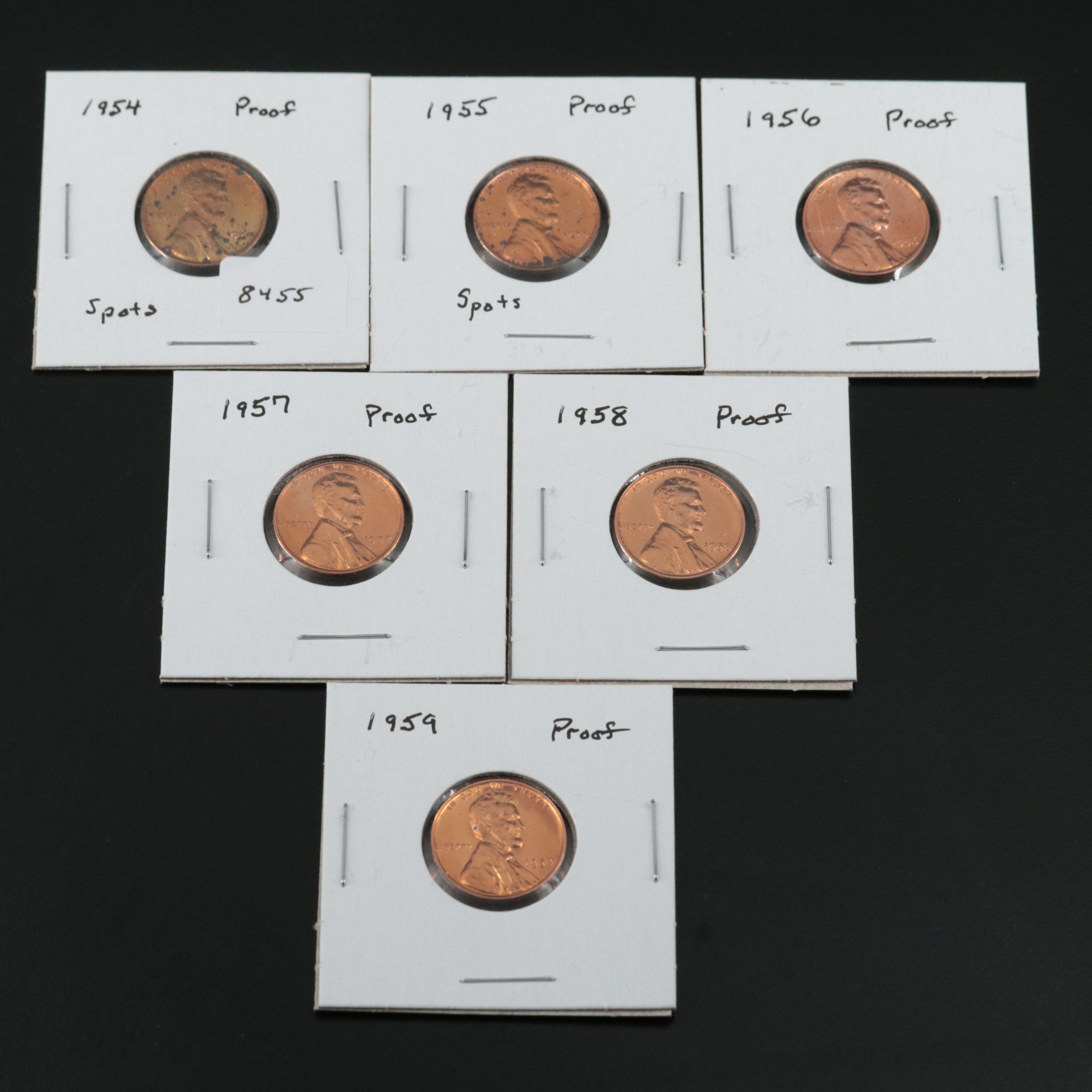 Six Different Lincoln Cent Proof Coins 1954-1959