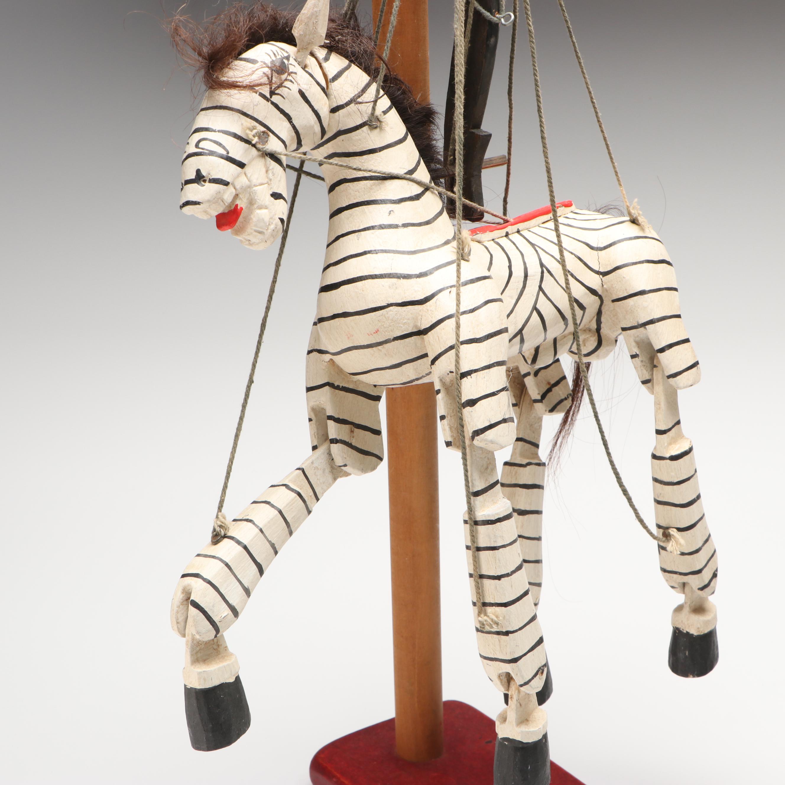 Hand-Painted Wooden Folk Art Zebra and Rabbit Marionettes with Stands