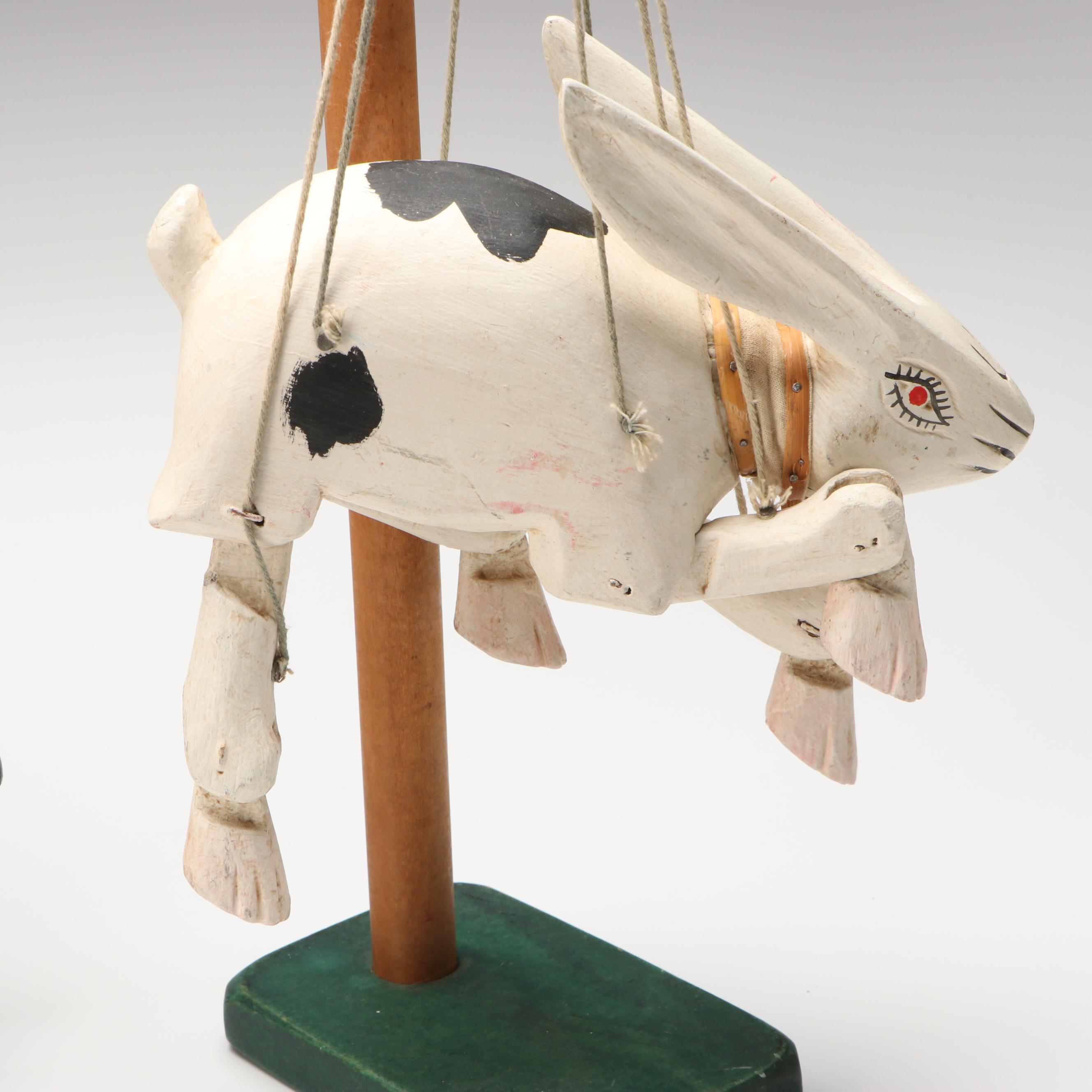 Hand-Painted Wooden Folk Art Zebra and Rabbit Marionettes with Stands