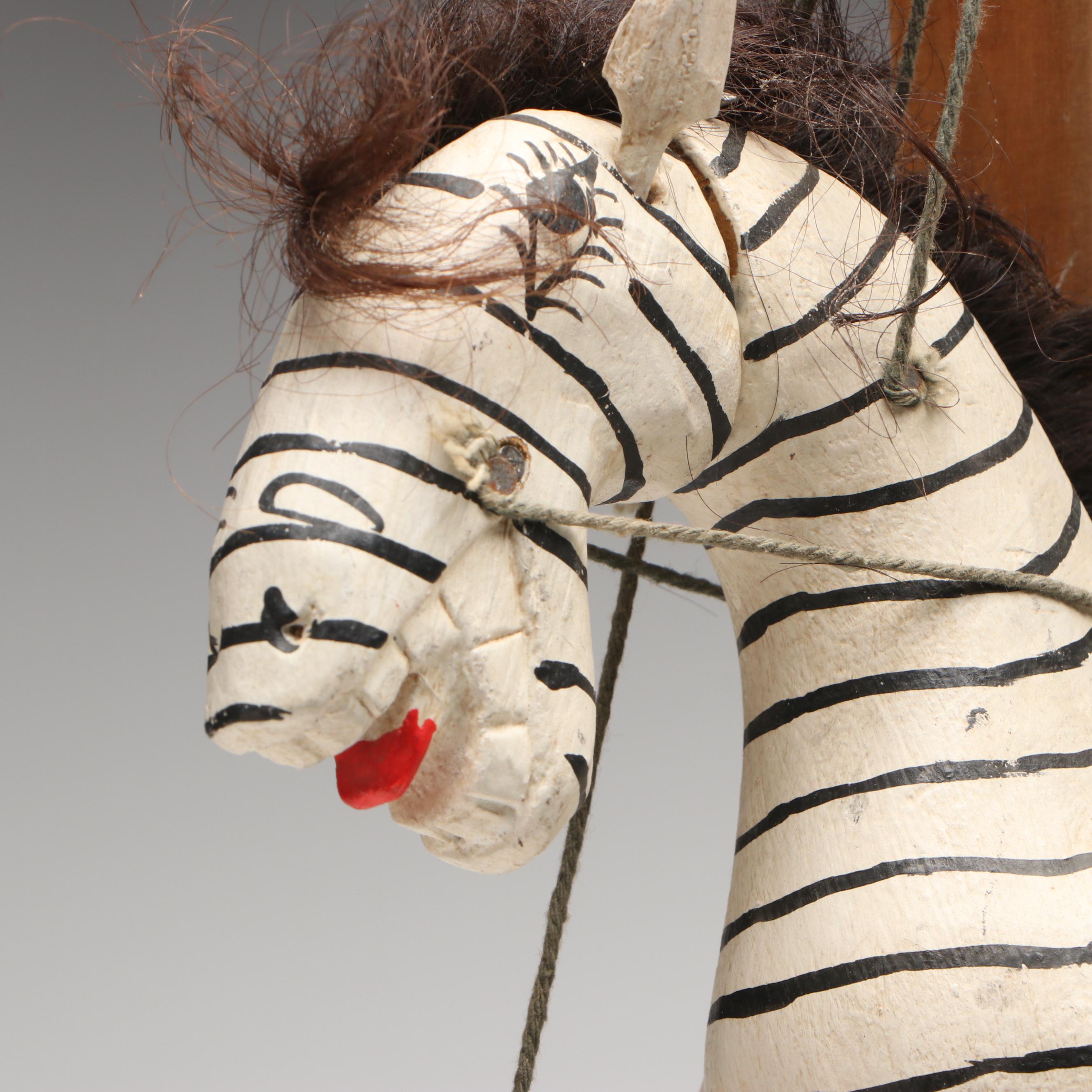 Hand-Painted Wooden Folk Art Zebra and Rabbit Marionettes with Stands