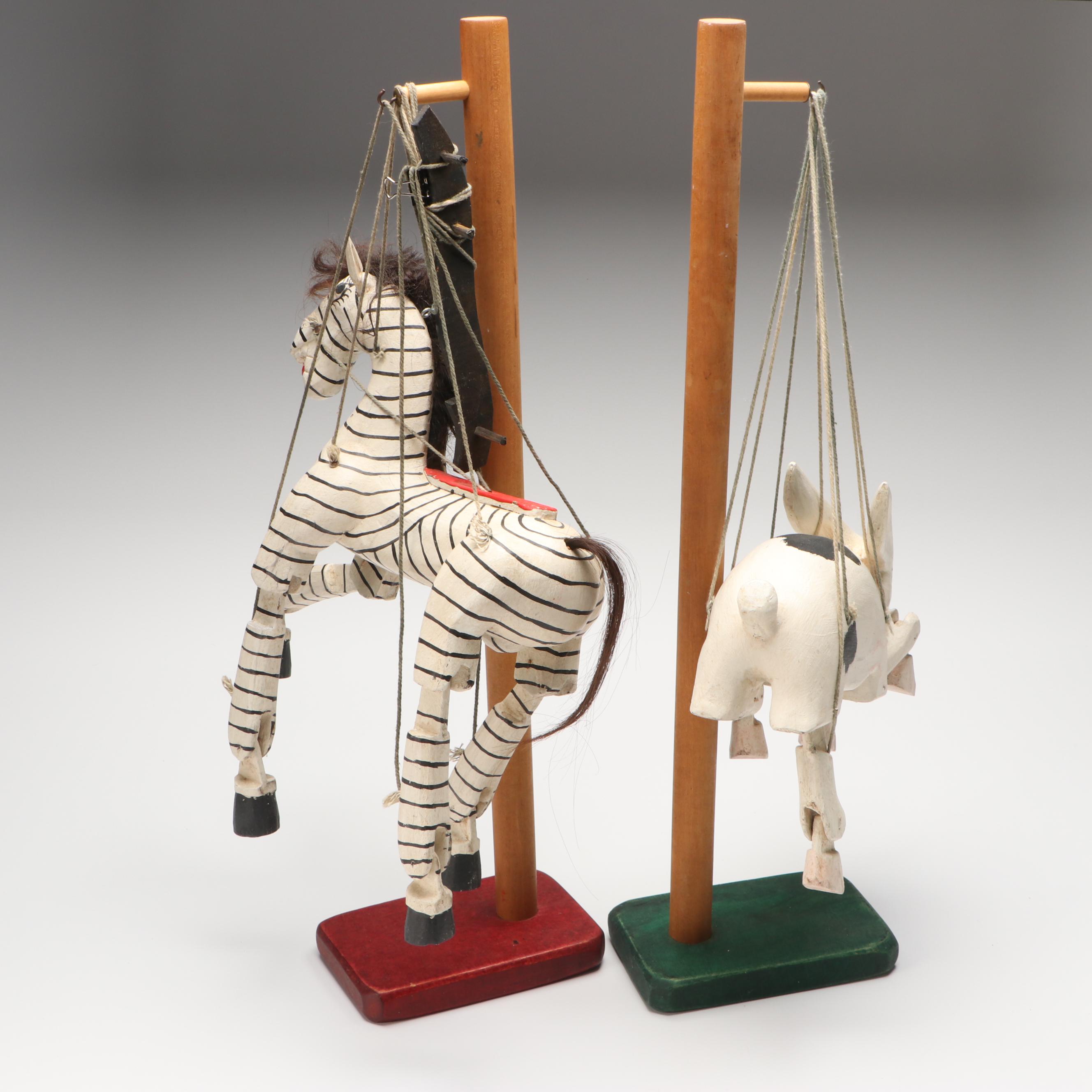 Hand-Painted Wooden Folk Art Zebra and Rabbit Marionettes with Stands