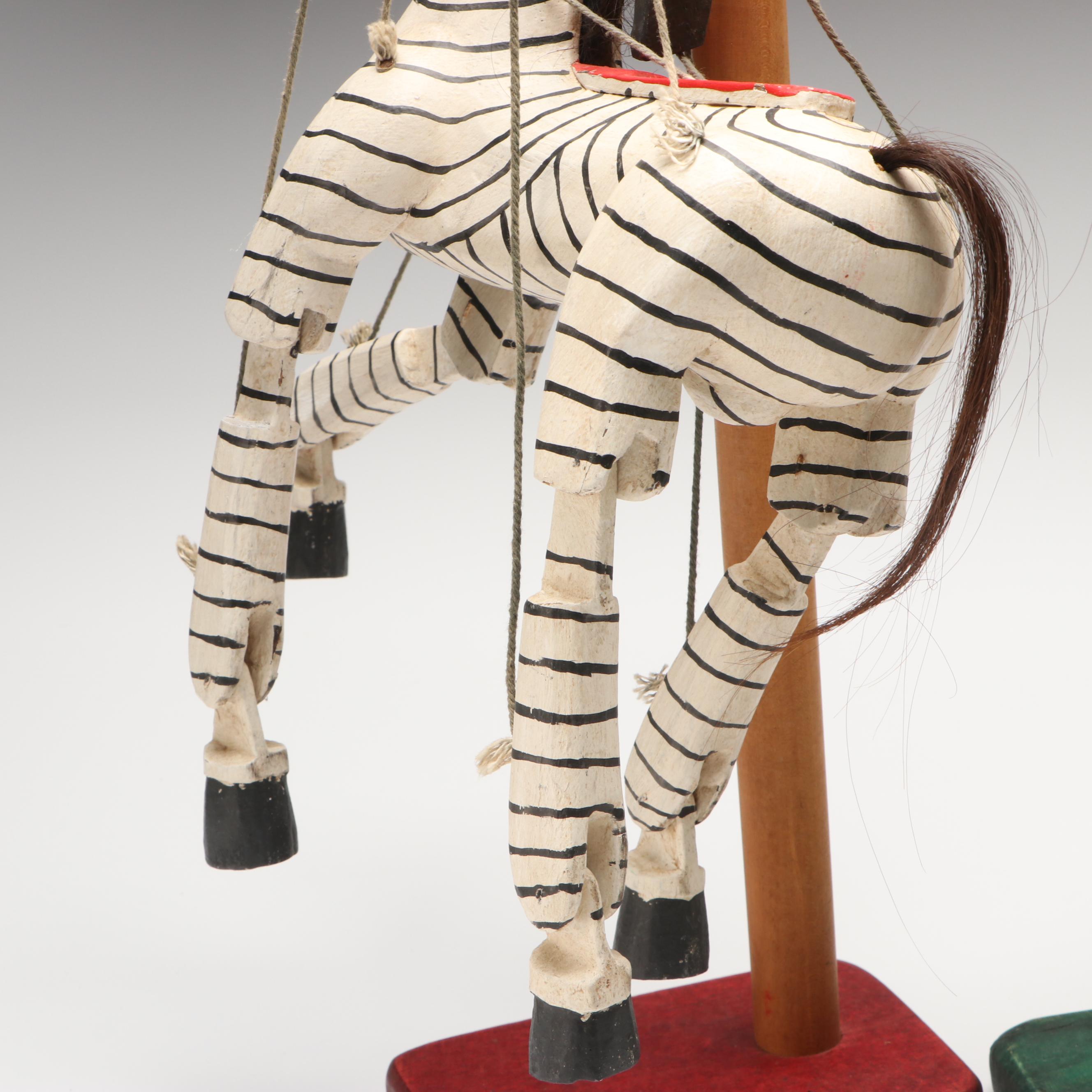 Hand-Painted Wooden Folk Art Zebra and Rabbit Marionettes with Stands