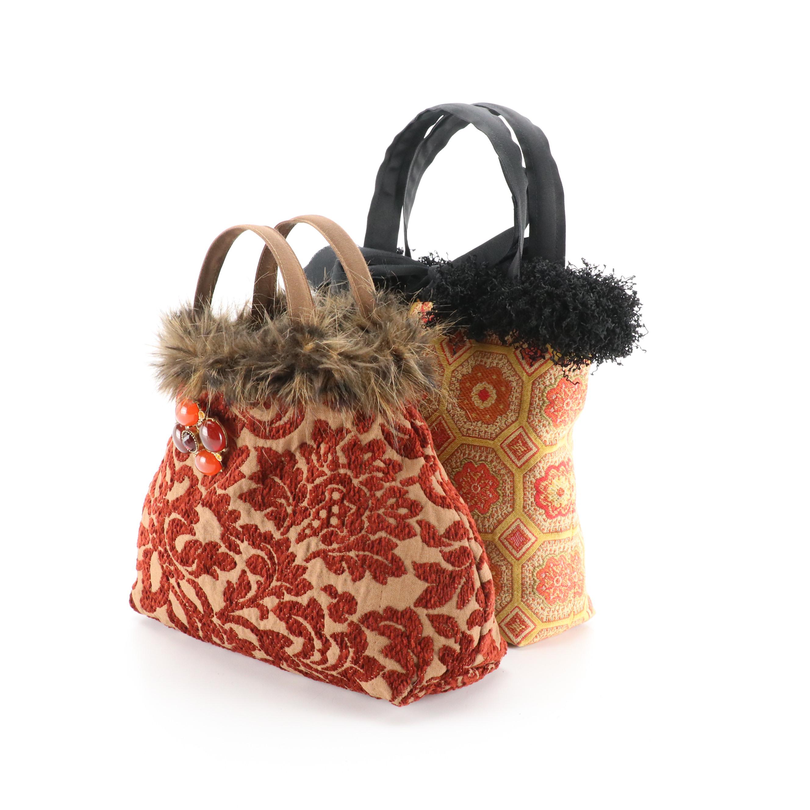 Handmade Tapestry Handbag with Faux Fur and Crinkled Yarn Trimming