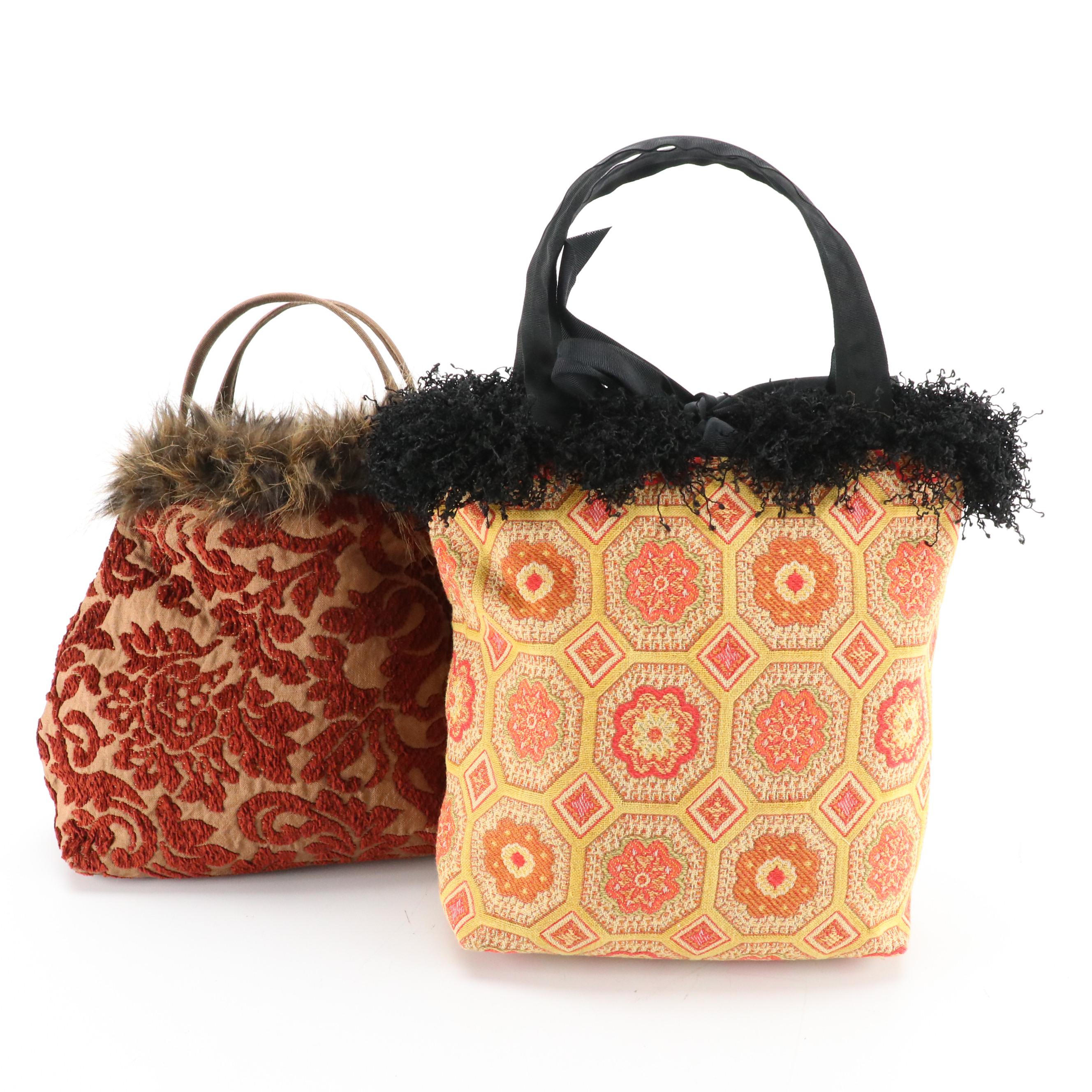 Handmade Tapestry Handbag with Faux Fur and Crinkled Yarn Trimming