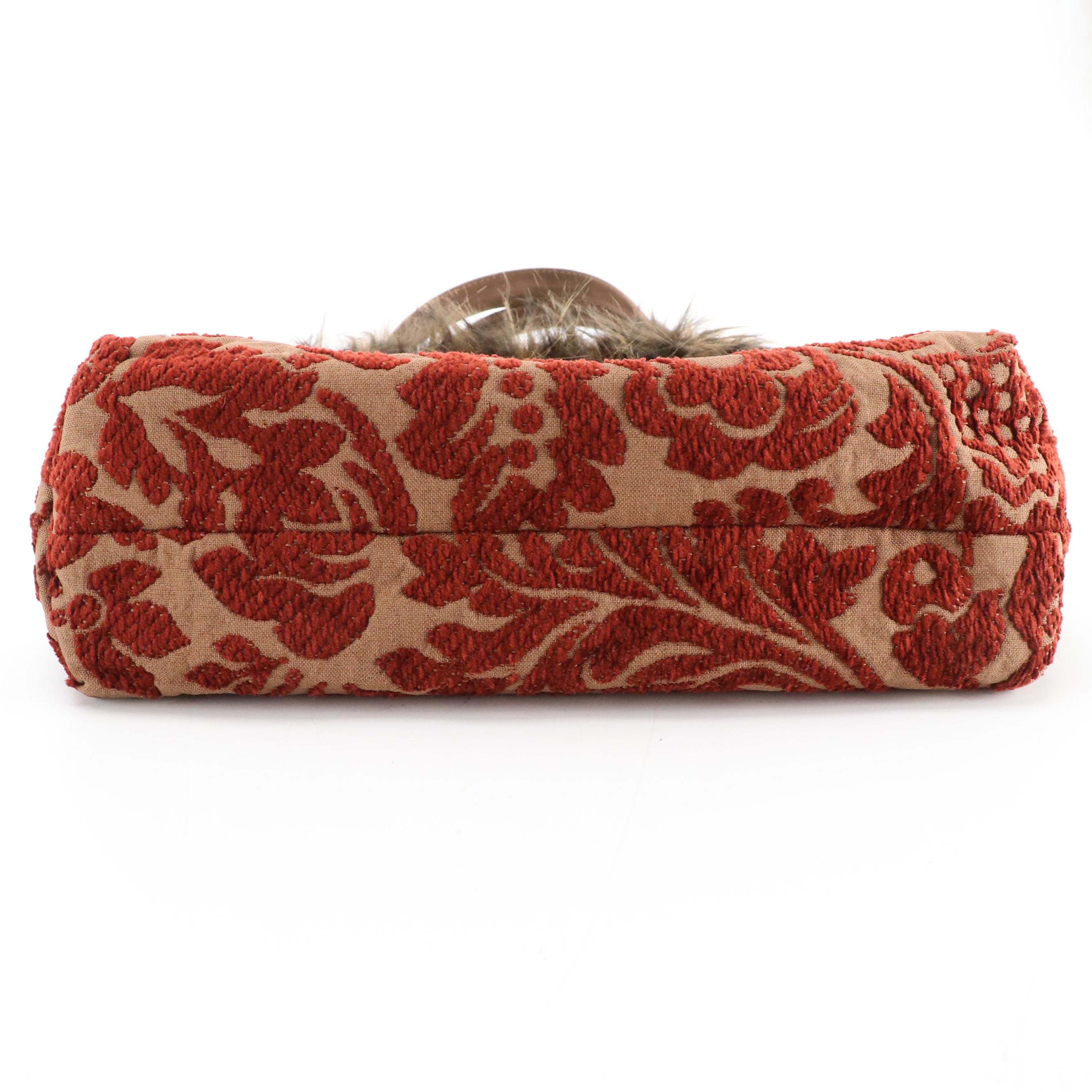 Handmade Tapestry Handbag with Faux Fur and Crinkled Yarn Trimming