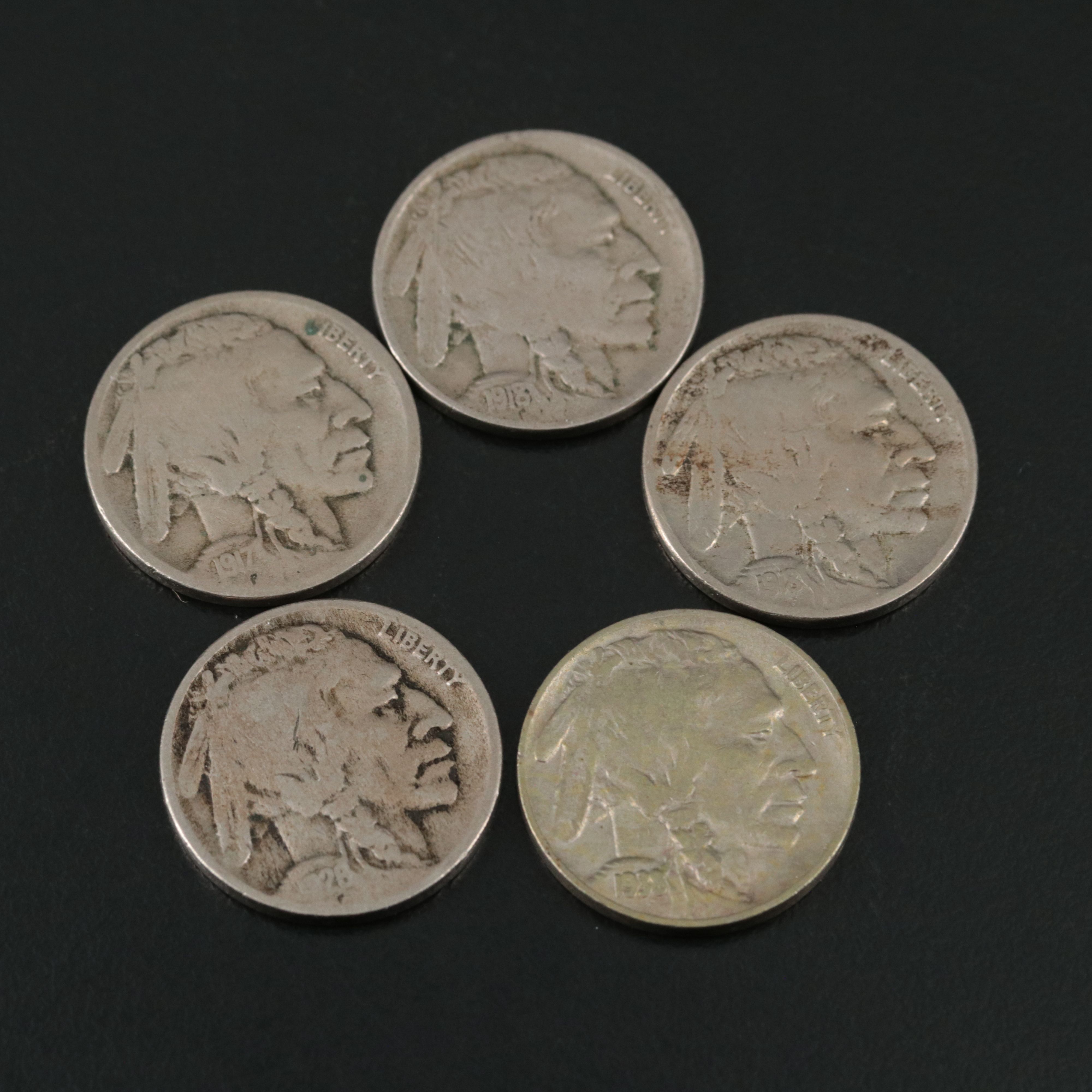 Five Buffalo Nickels:  1917-D, 1918-D, 1918-S, 1926-D and 1938-D