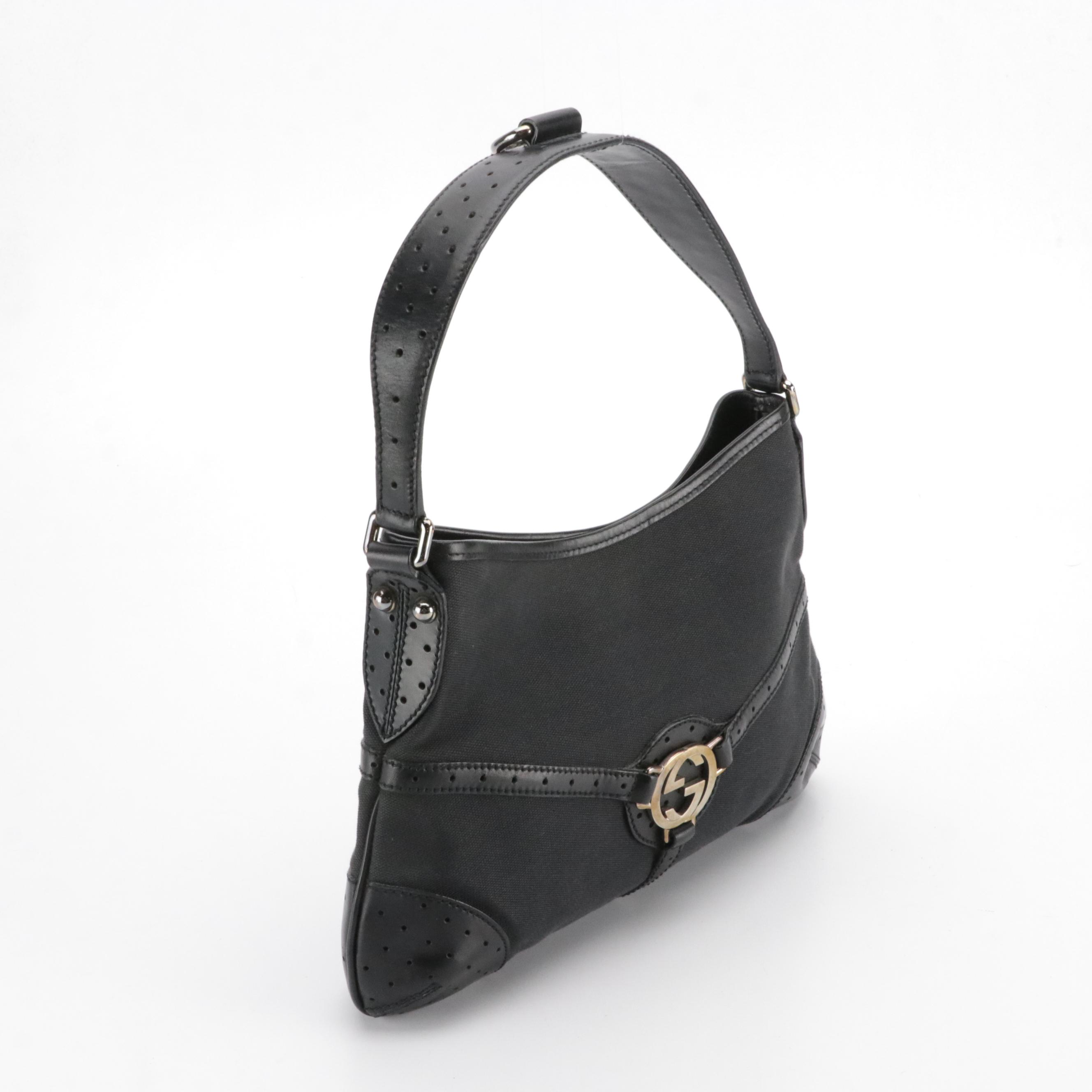 Gucci Small Reins Shoulder Bag in Black Canvas with Perforated Leather Trim