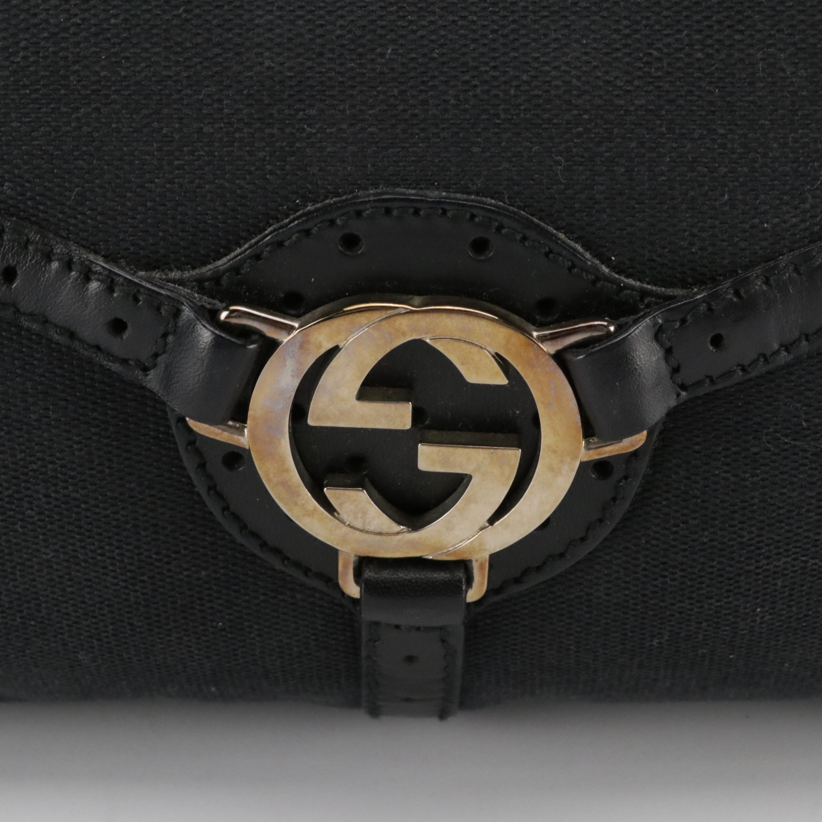 Gucci Small Reins Shoulder Bag in Black Canvas with Perforated Leather Trim