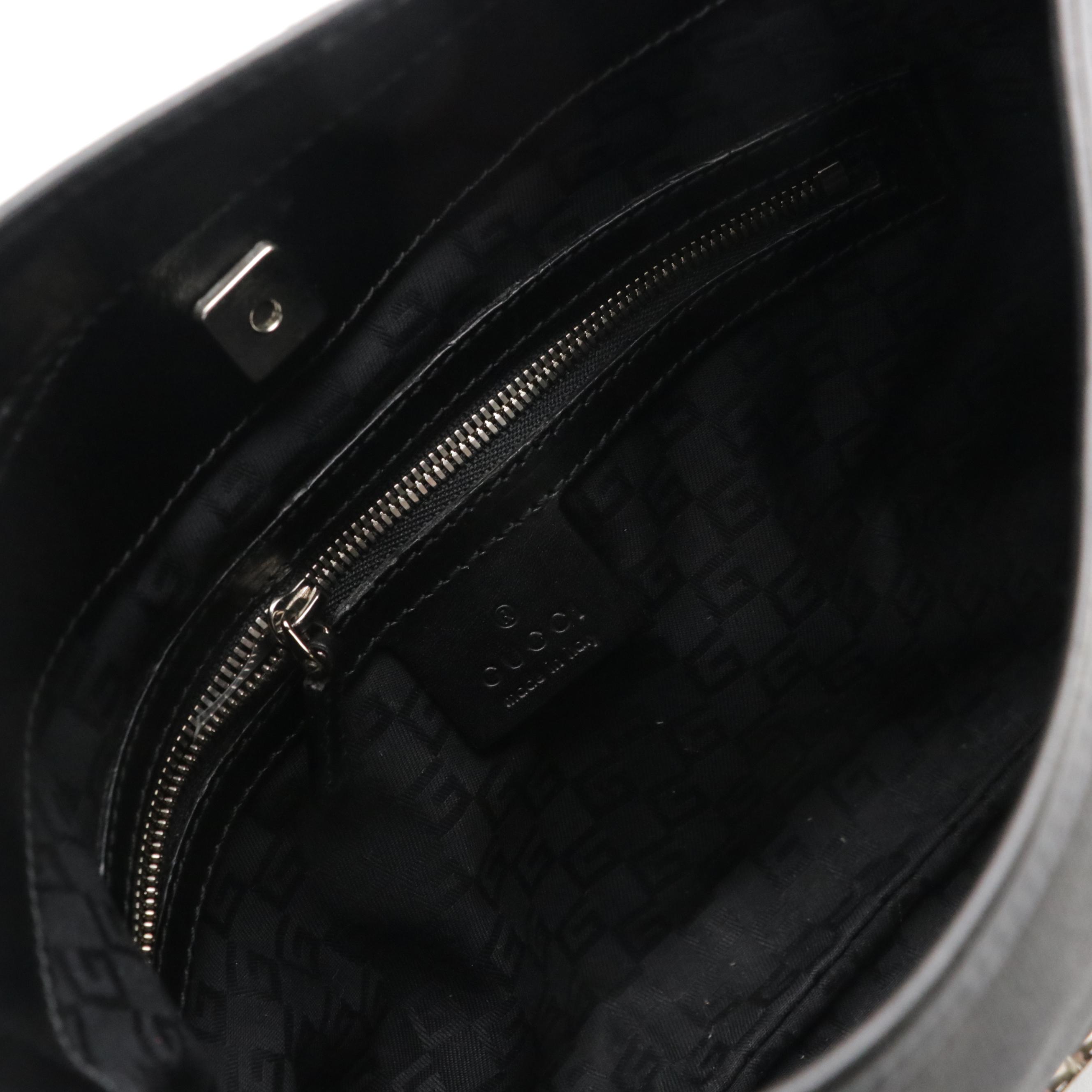 Gucci Small Reins Shoulder Bag in Black Canvas with Perforated Leather Trim