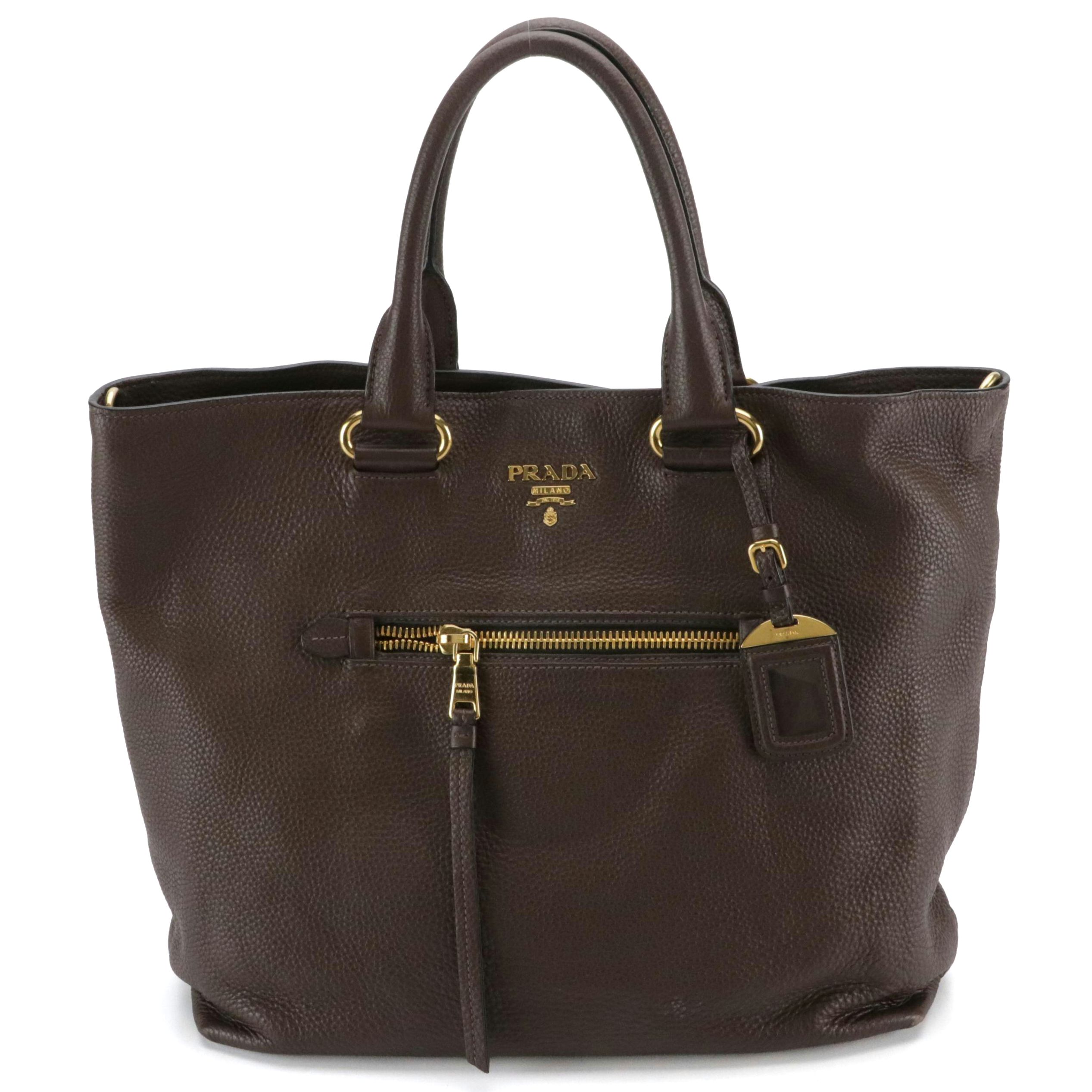 Prada Two-Way Tote Bag in Chocolate Brown Grained Calfskin Leather