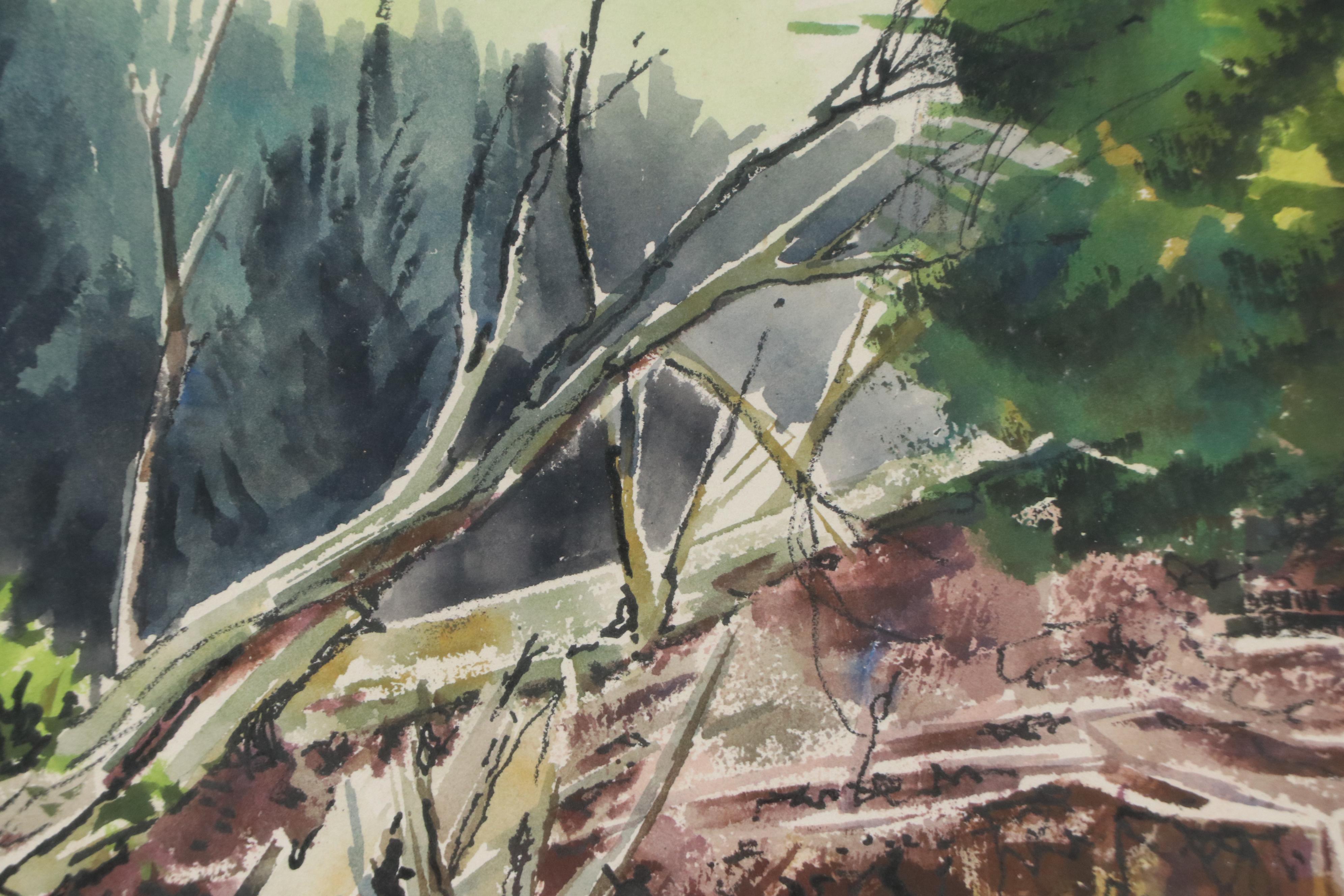 Watercolor Painting of Woodland Logging Scene