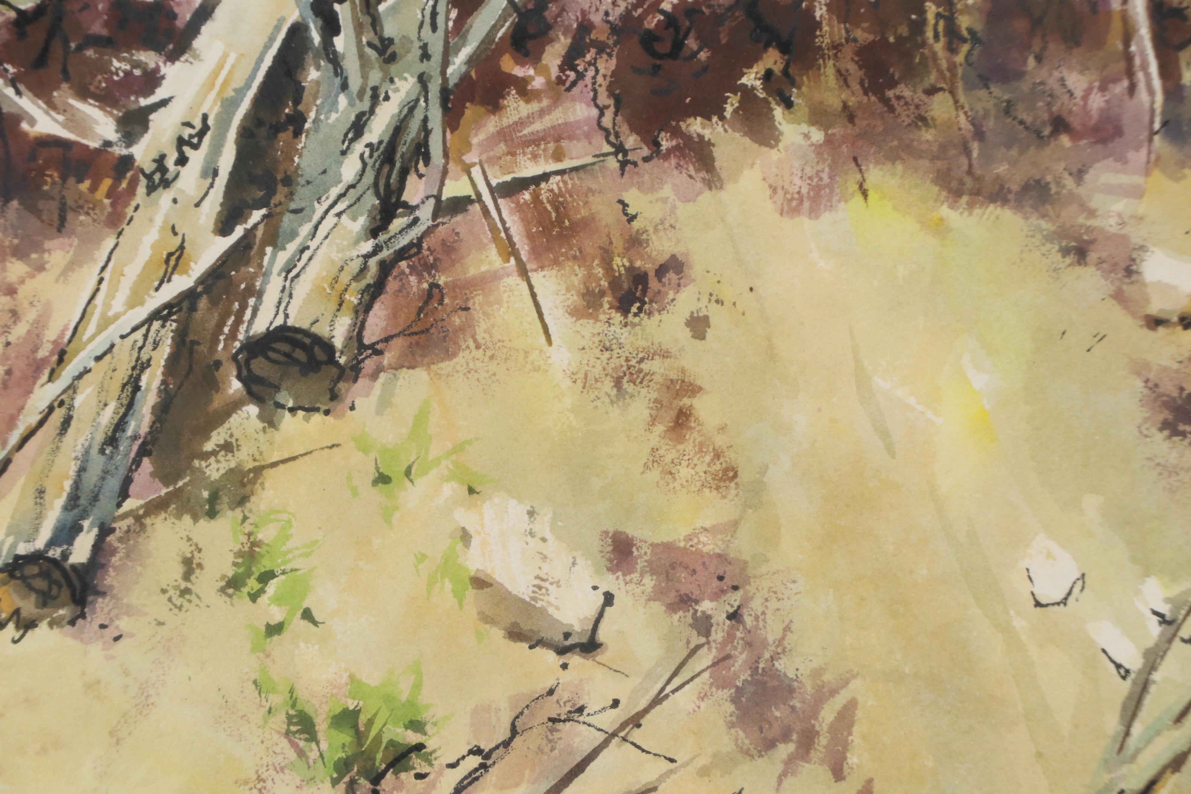 Watercolor Painting of Woodland Logging Scene