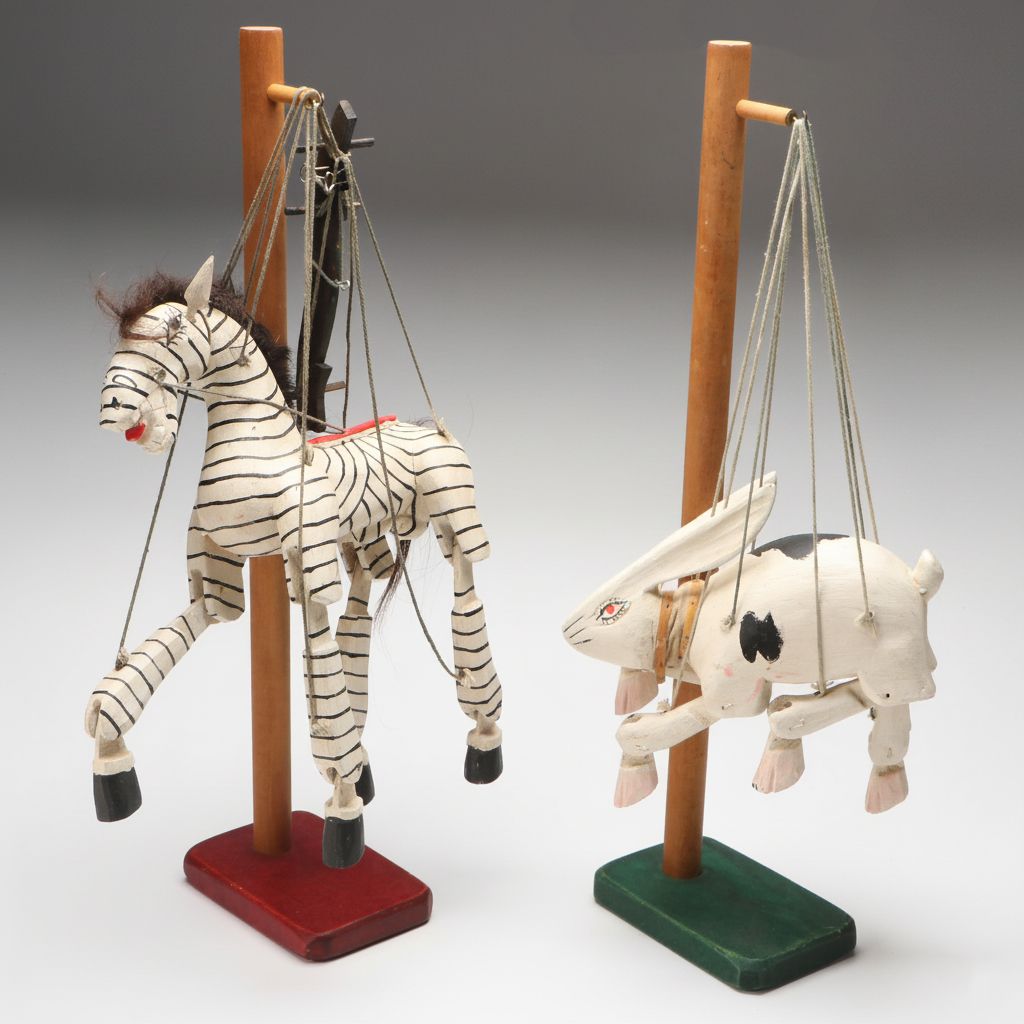 Hand-Painted Wooden Folk Art Zebra and Rabbit Marionettes with Stands