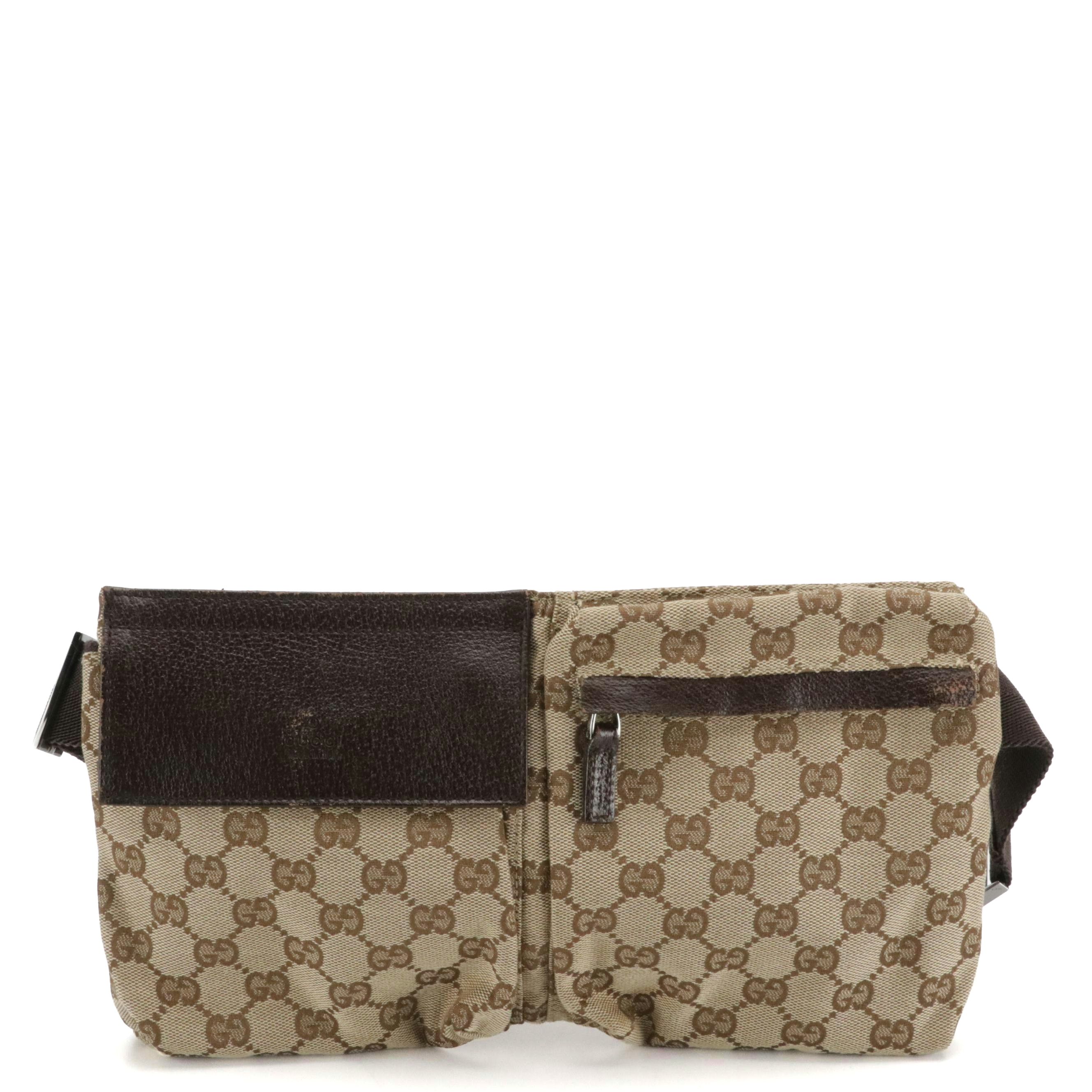 Gucci Double Pocket Belt Bag in Brown GG Canvas and Leather
