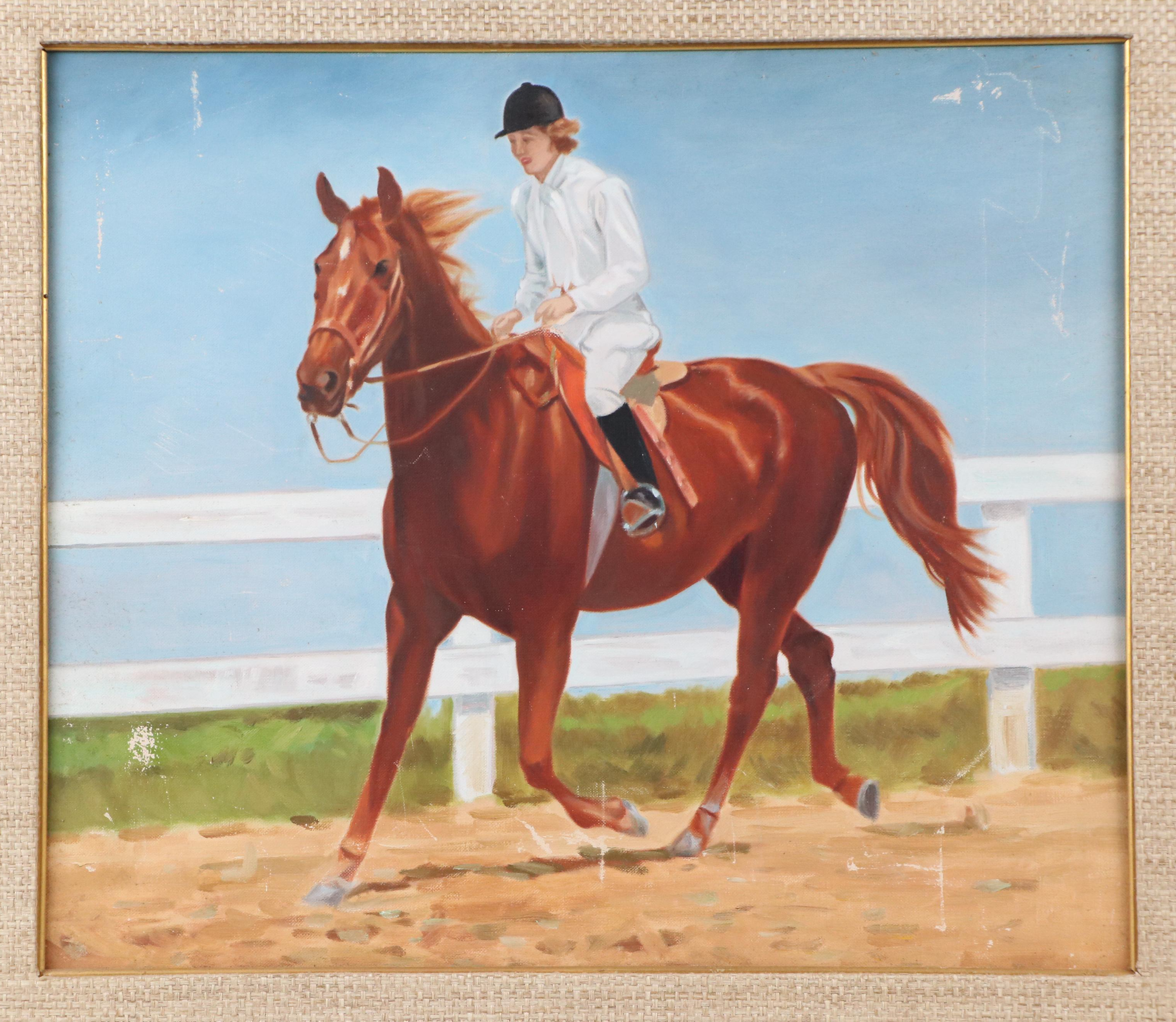 Oil Painting of Horseback Rider on Chestnut, 20th Century