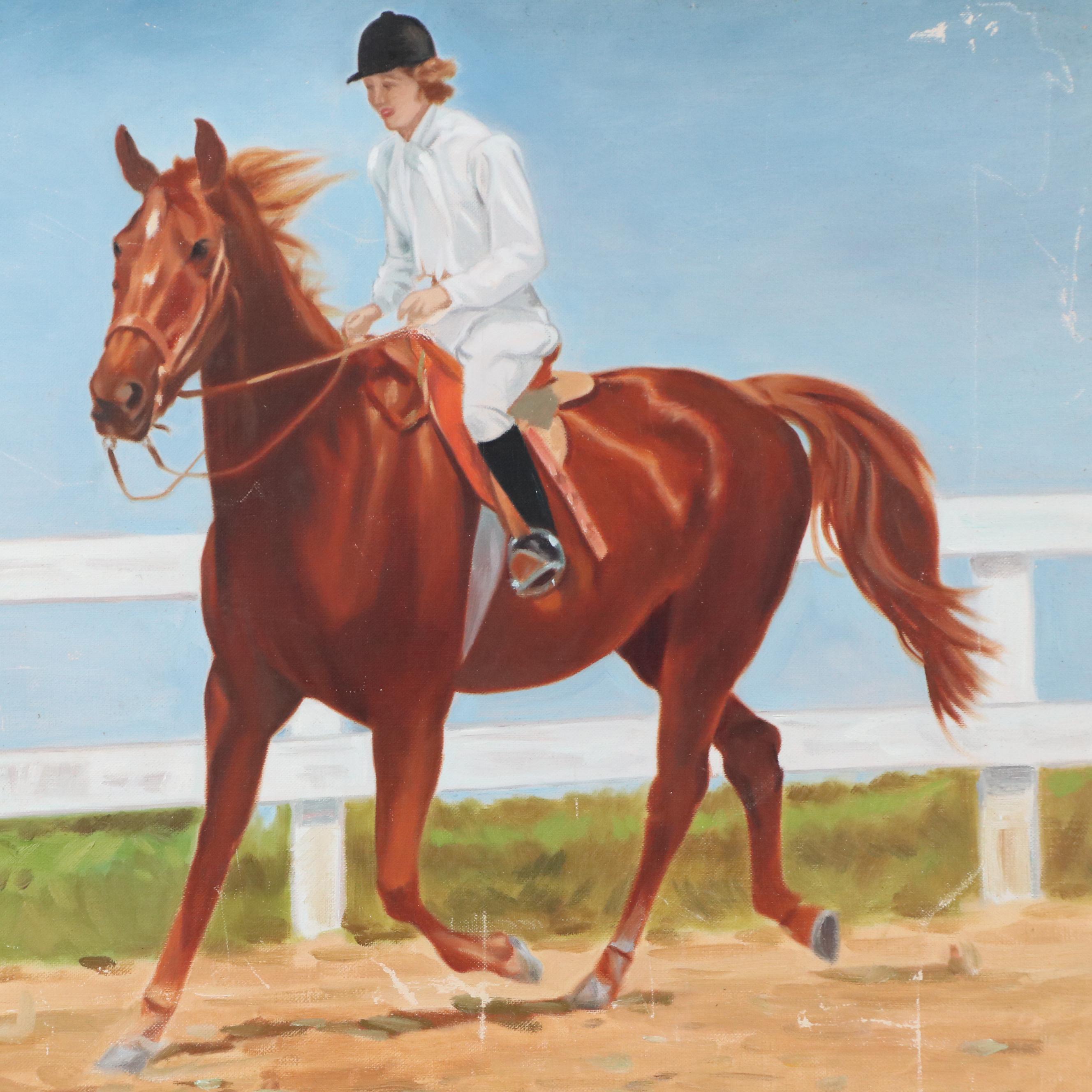 Oil Painting of Horseback Rider on Chestnut, 20th Century