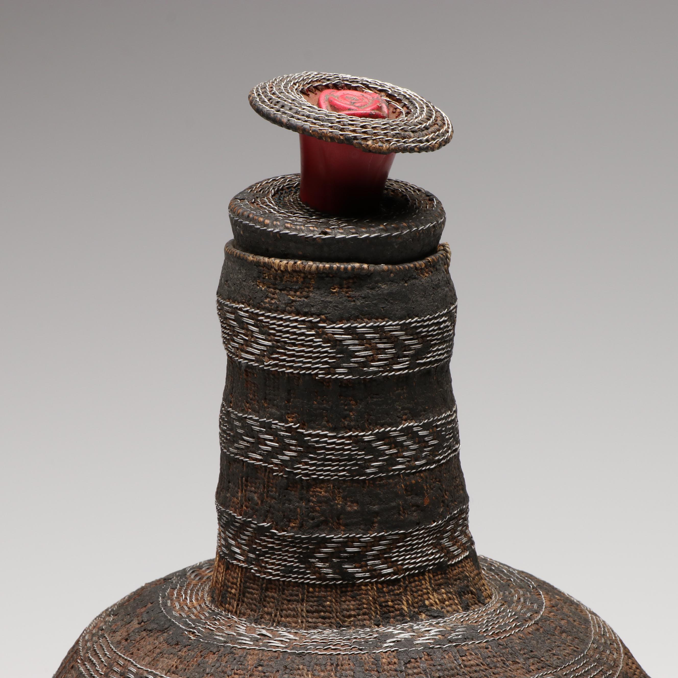 Ethiopian Oromo Peoples Basketry Milk Container with Metal Accents