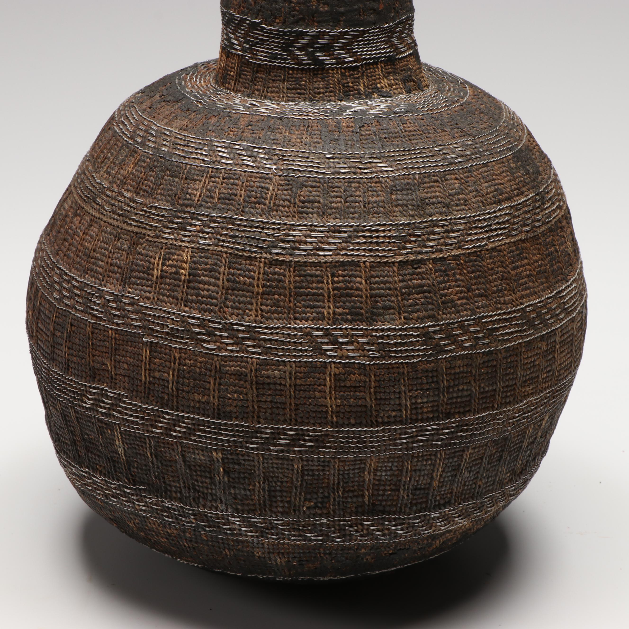 Ethiopian Oromo Peoples Basketry Milk Container with Metal Accents