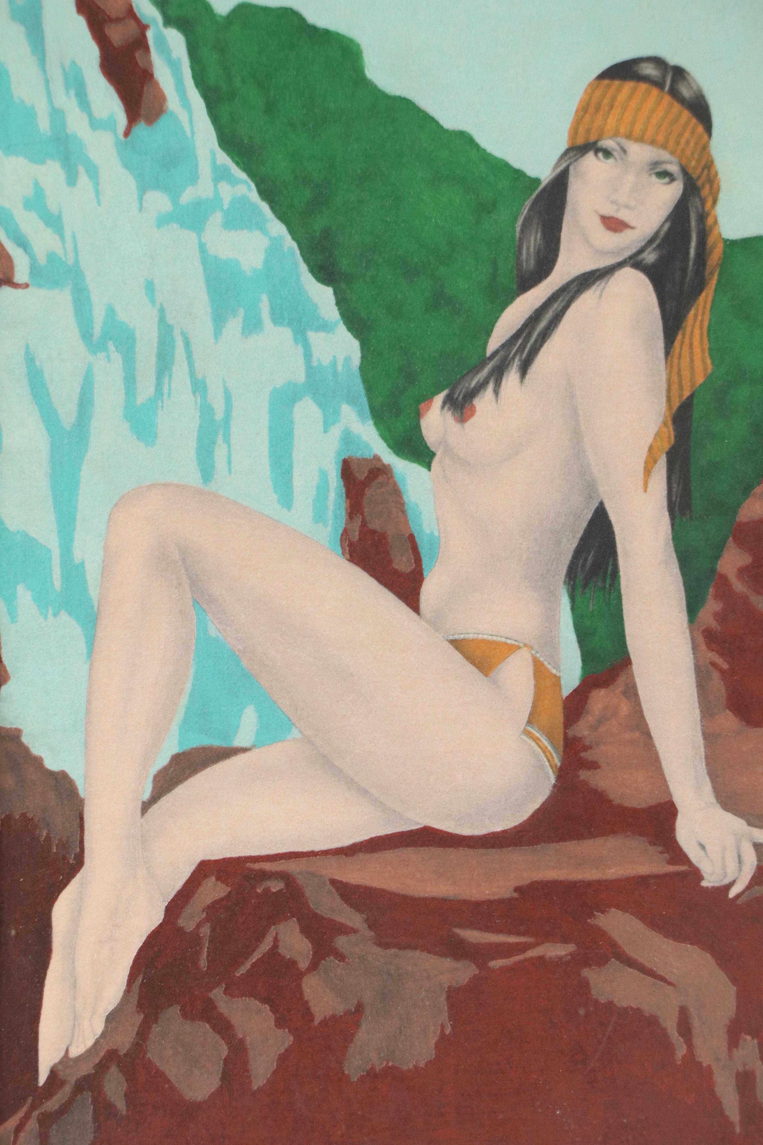 Pin-Up Oil Painting on Felt of Topless Woman and Waterfall, 20th Century