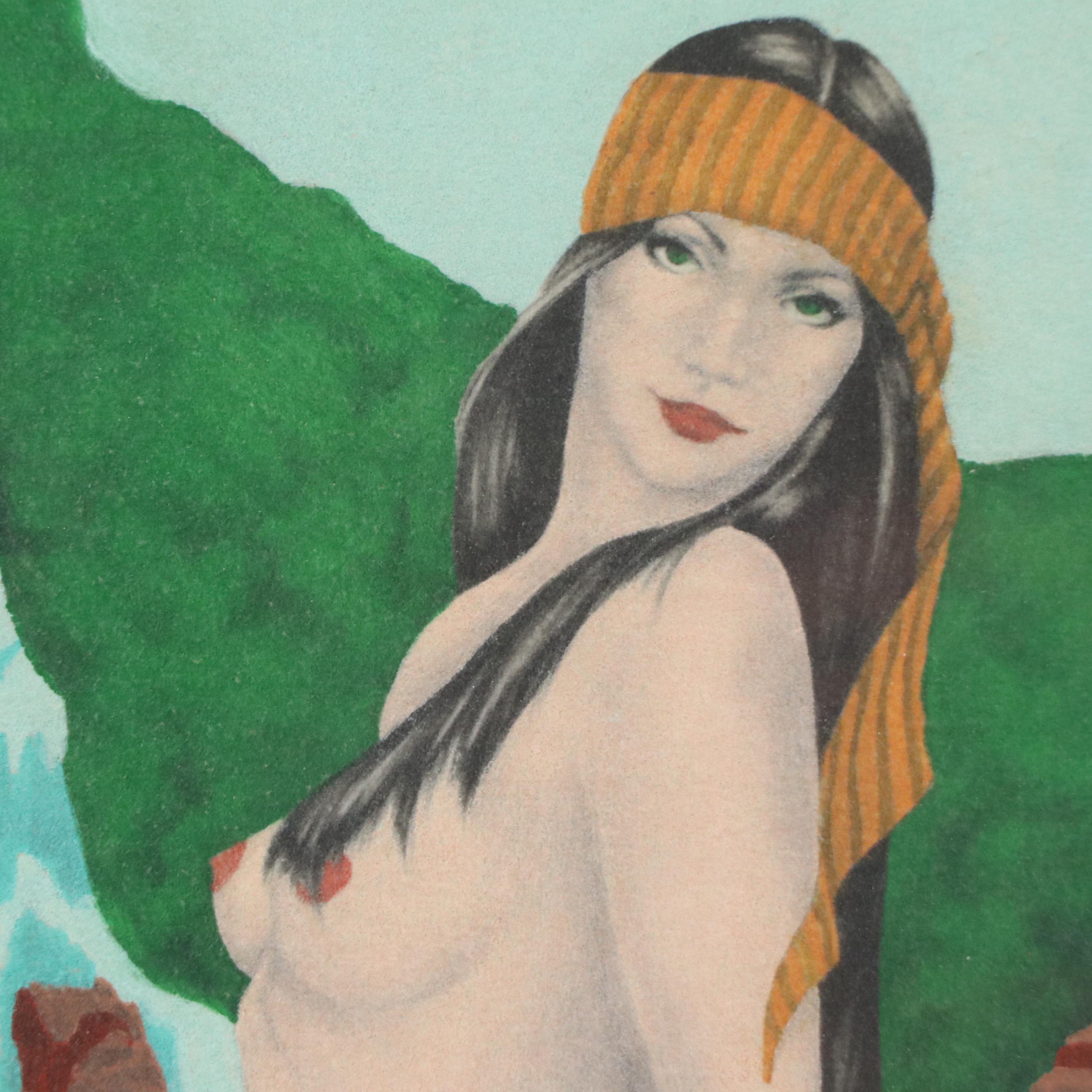Pin-Up Oil Painting on Felt of Topless Woman and Waterfall, 20th Century