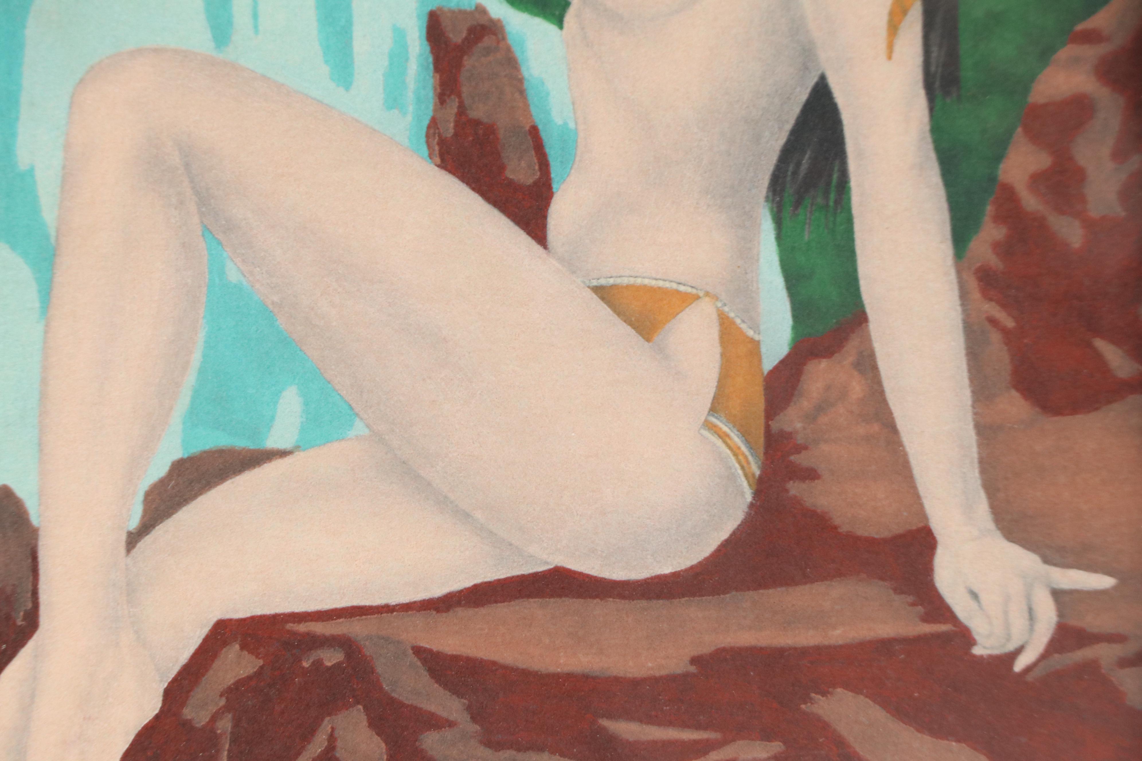Pin-Up Oil Painting on Felt of Topless Woman and Waterfall, 20th Century
