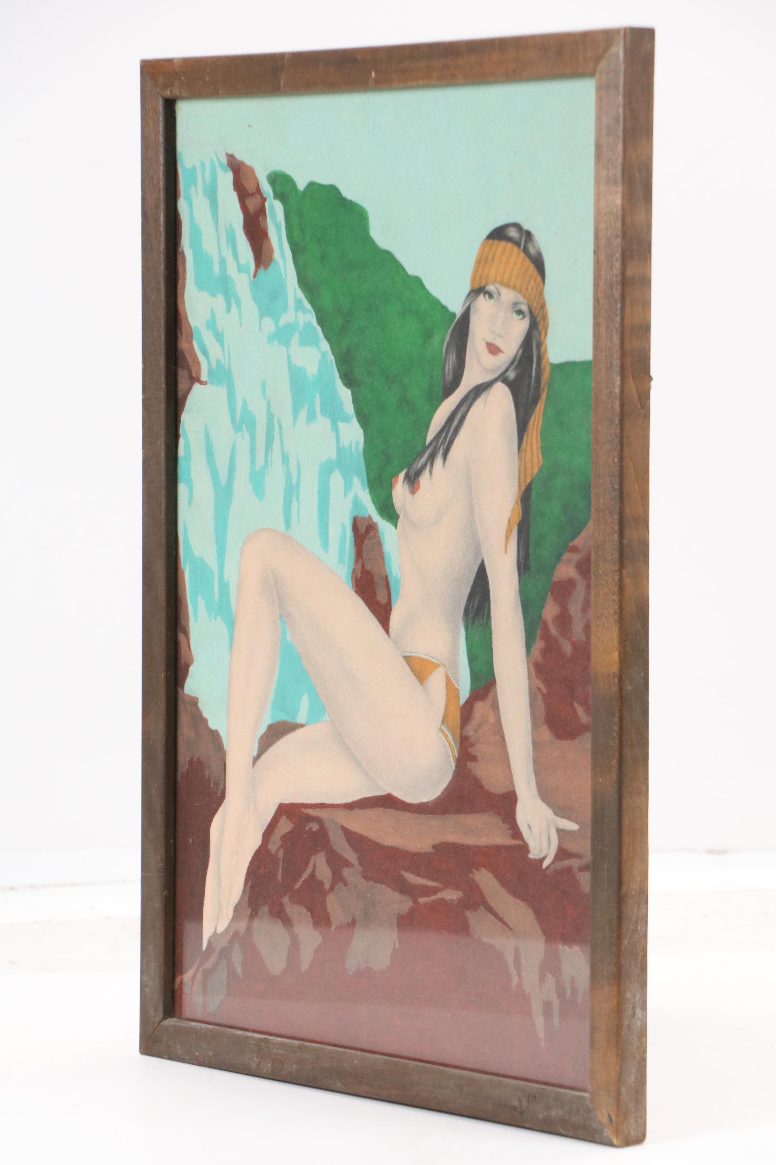 Pin-Up Oil Painting on Felt of Topless Woman and Waterfall, 20th Century