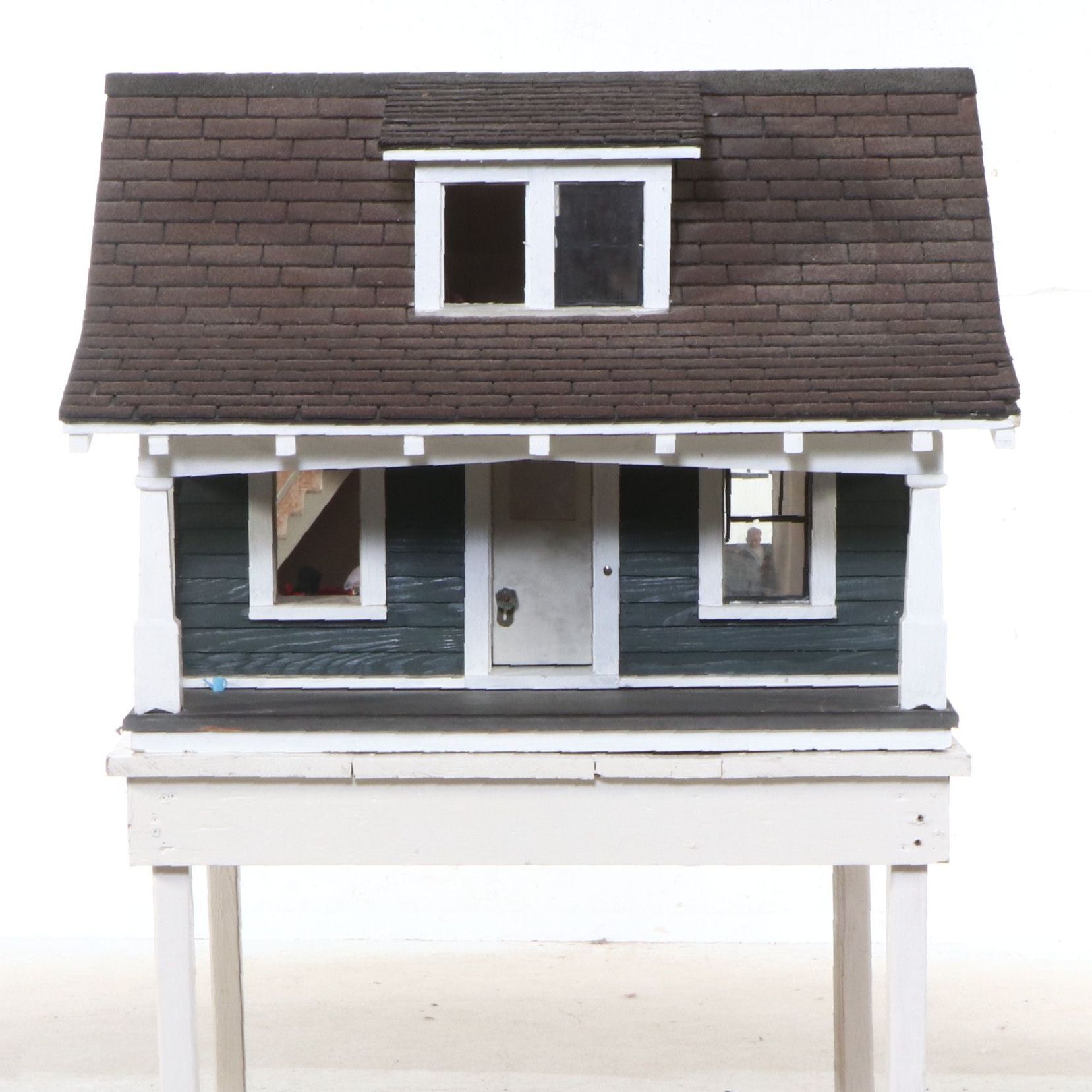 Craftsman Style Handcrafted Wooden Dollhouse on Stand with Dolls and Furniture