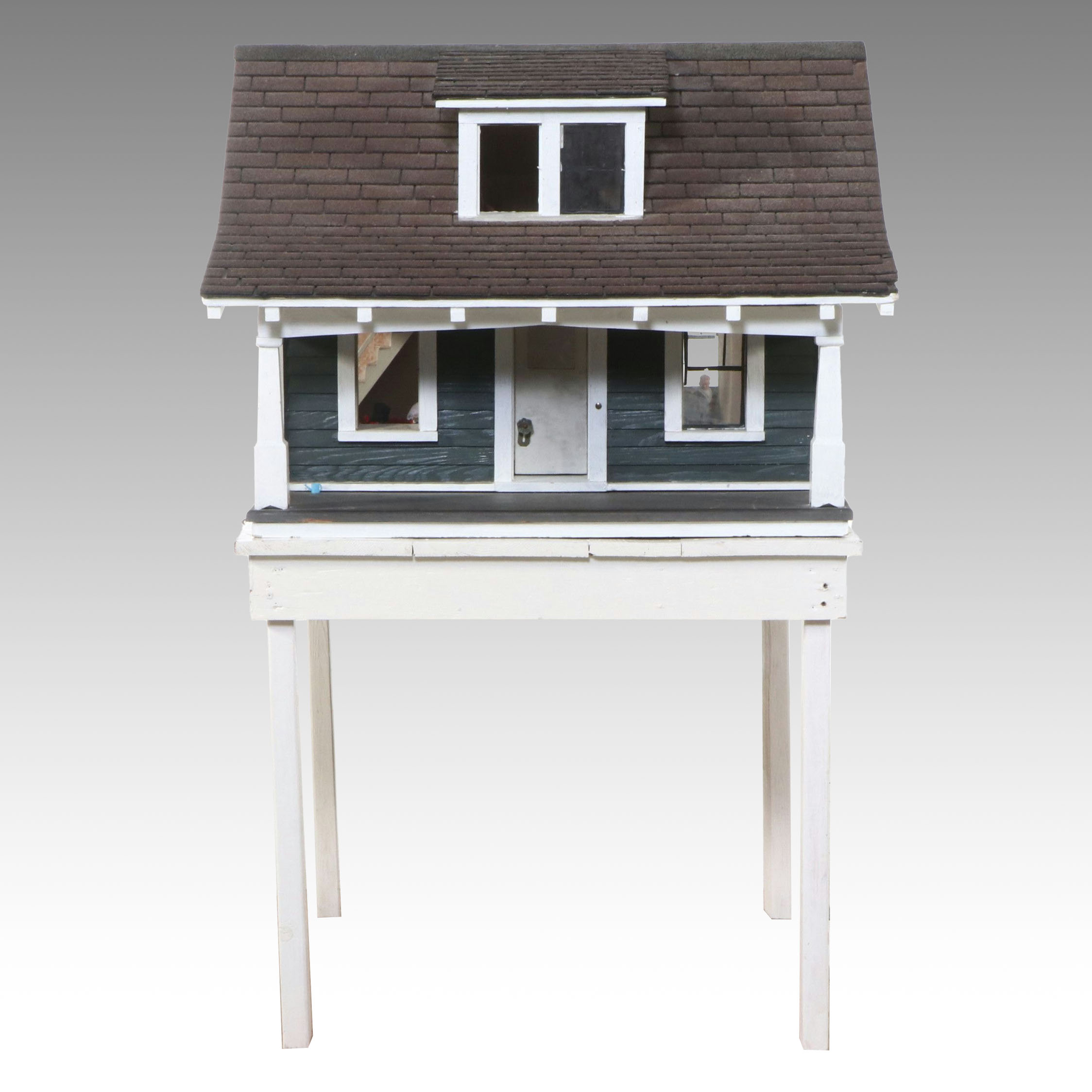 Craftsman Style Handcrafted Wooden Dollhouse on Stand with Dolls and Furniture