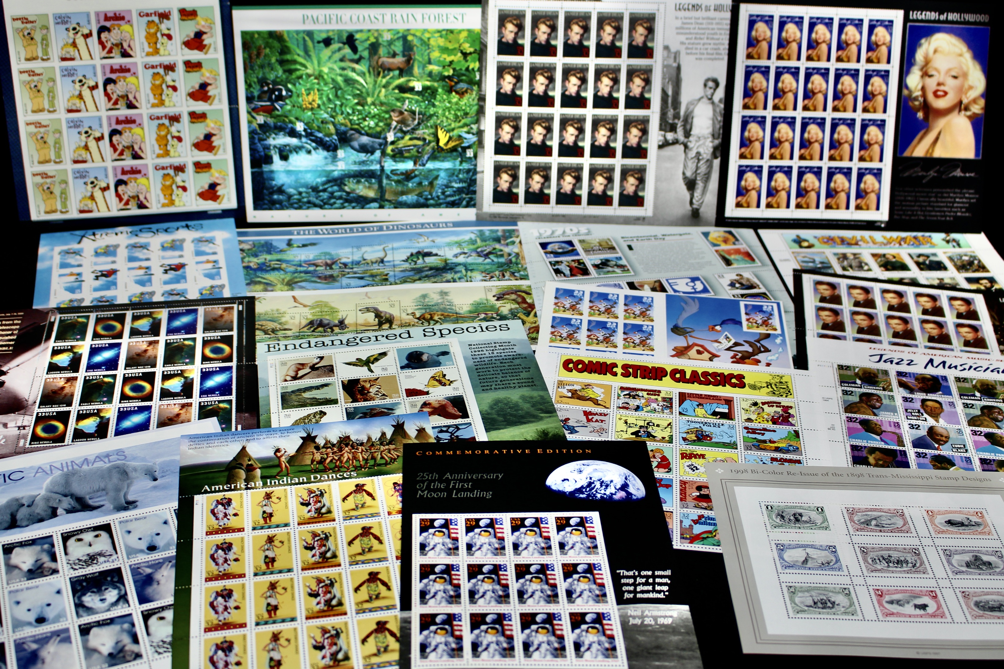 Eighteen Miniature U.S. Postage Stamp Sheets, Mint Condition