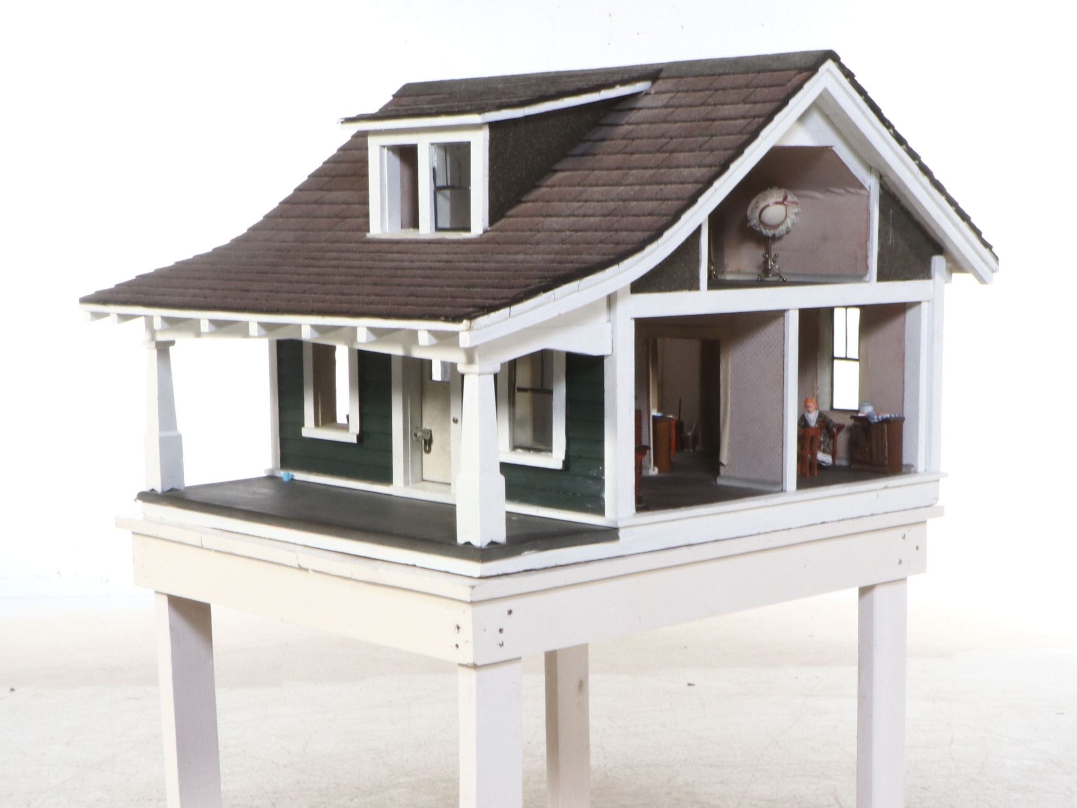 Craftsman Style Handcrafted Wooden Dollhouse on Stand with Dolls and Furniture
