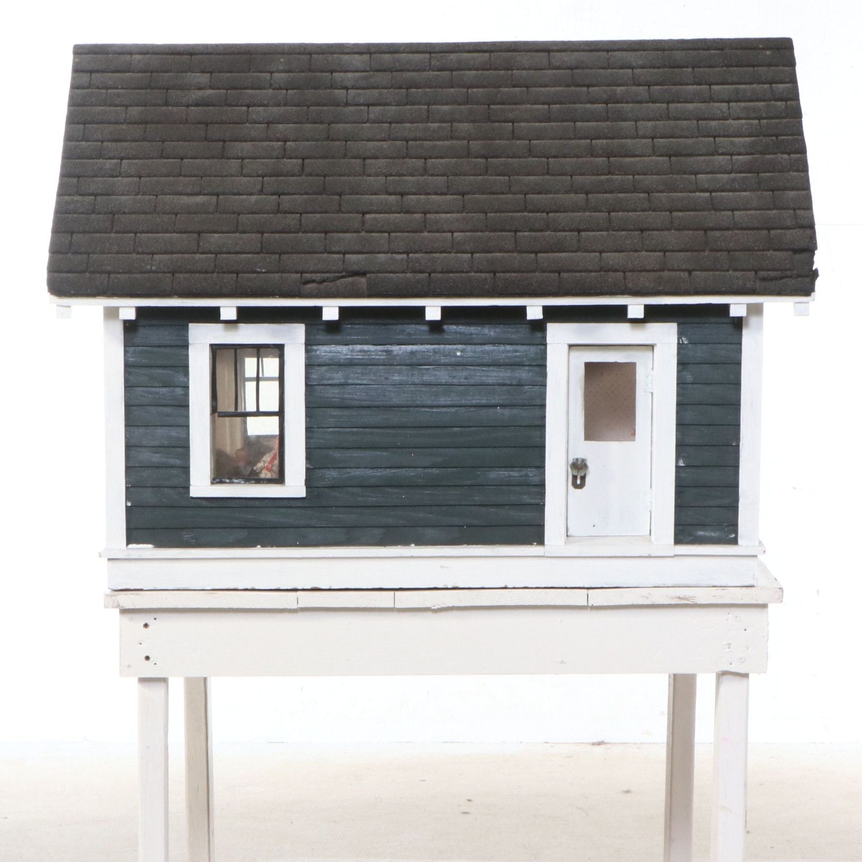Craftsman Style Handcrafted Wooden Dollhouse on Stand with Dolls and Furniture