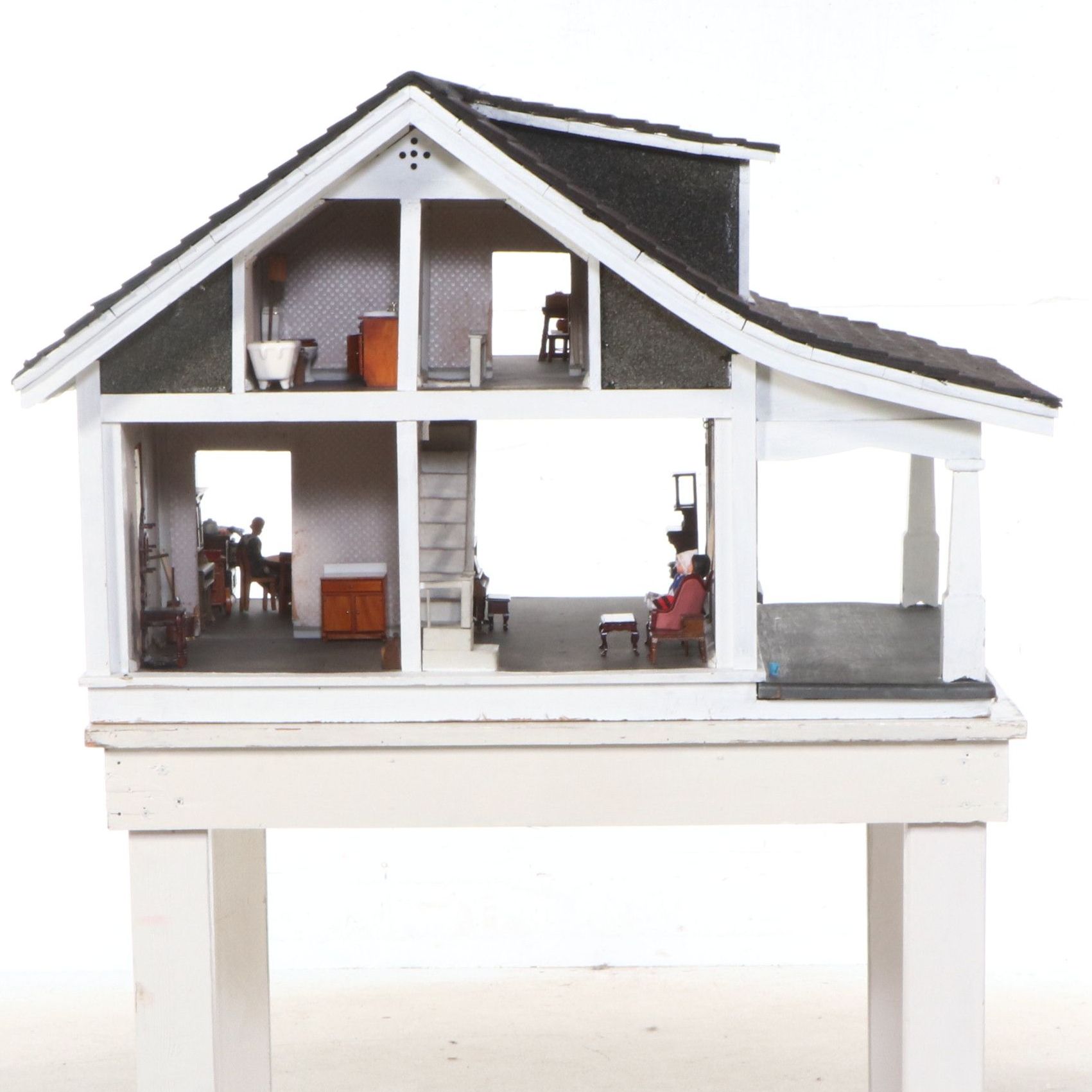 Craftsman Style Handcrafted Wooden Dollhouse on Stand with Dolls and Furniture