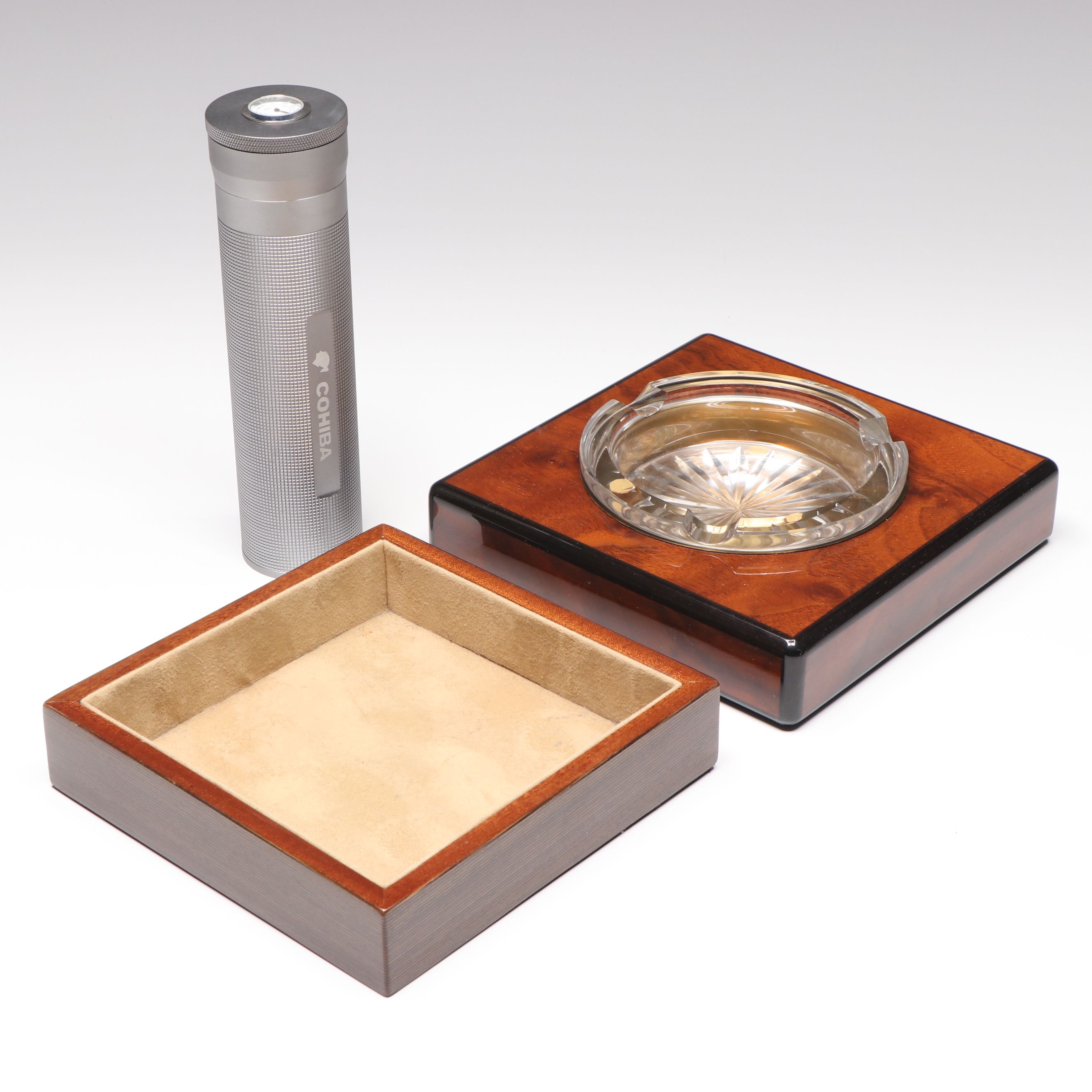 MCM Style Lacquerware and Glass Ashtray with Tray and Cohiba Metal Humidor