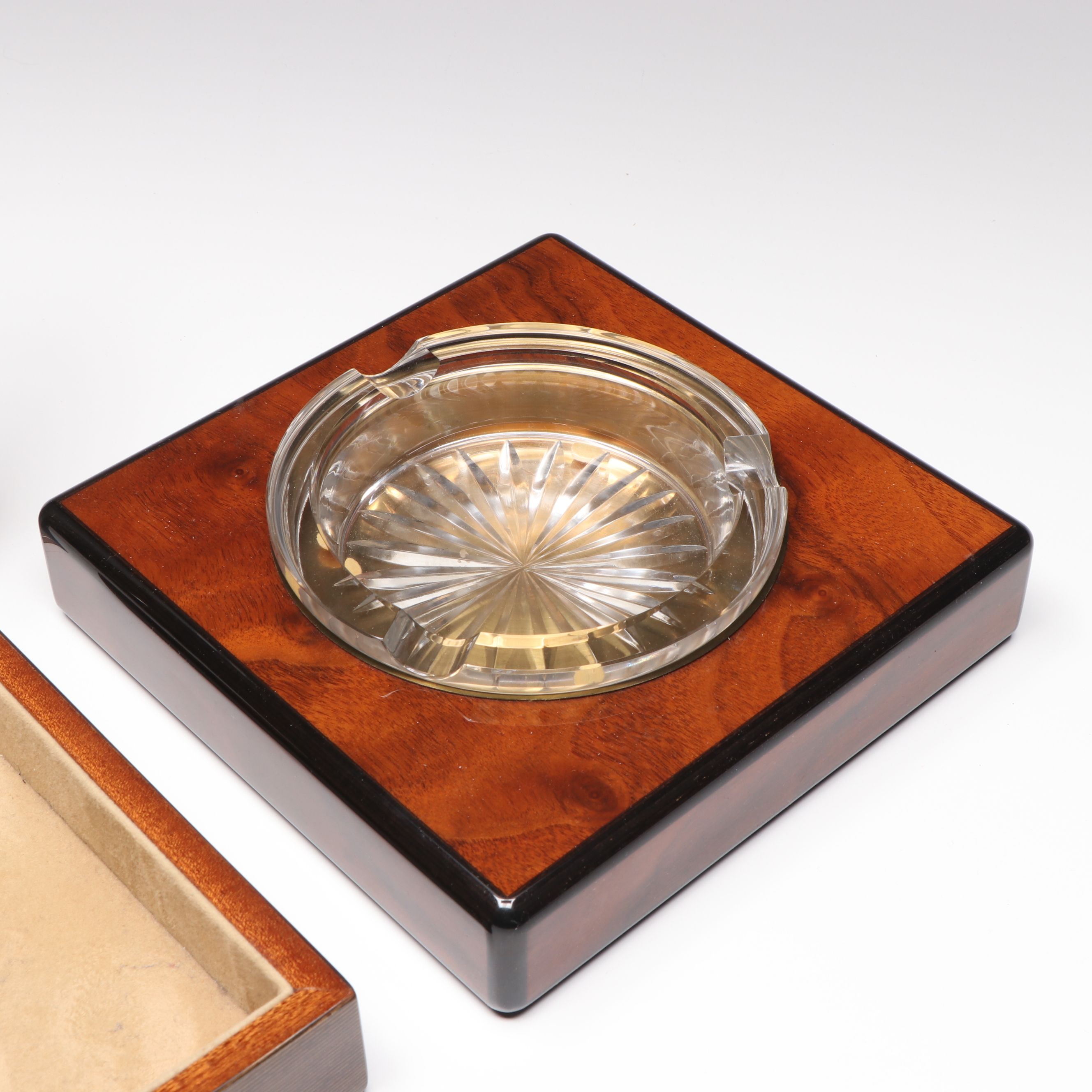 MCM Style Lacquerware and Glass Ashtray with Tray and Cohiba Metal Humidor