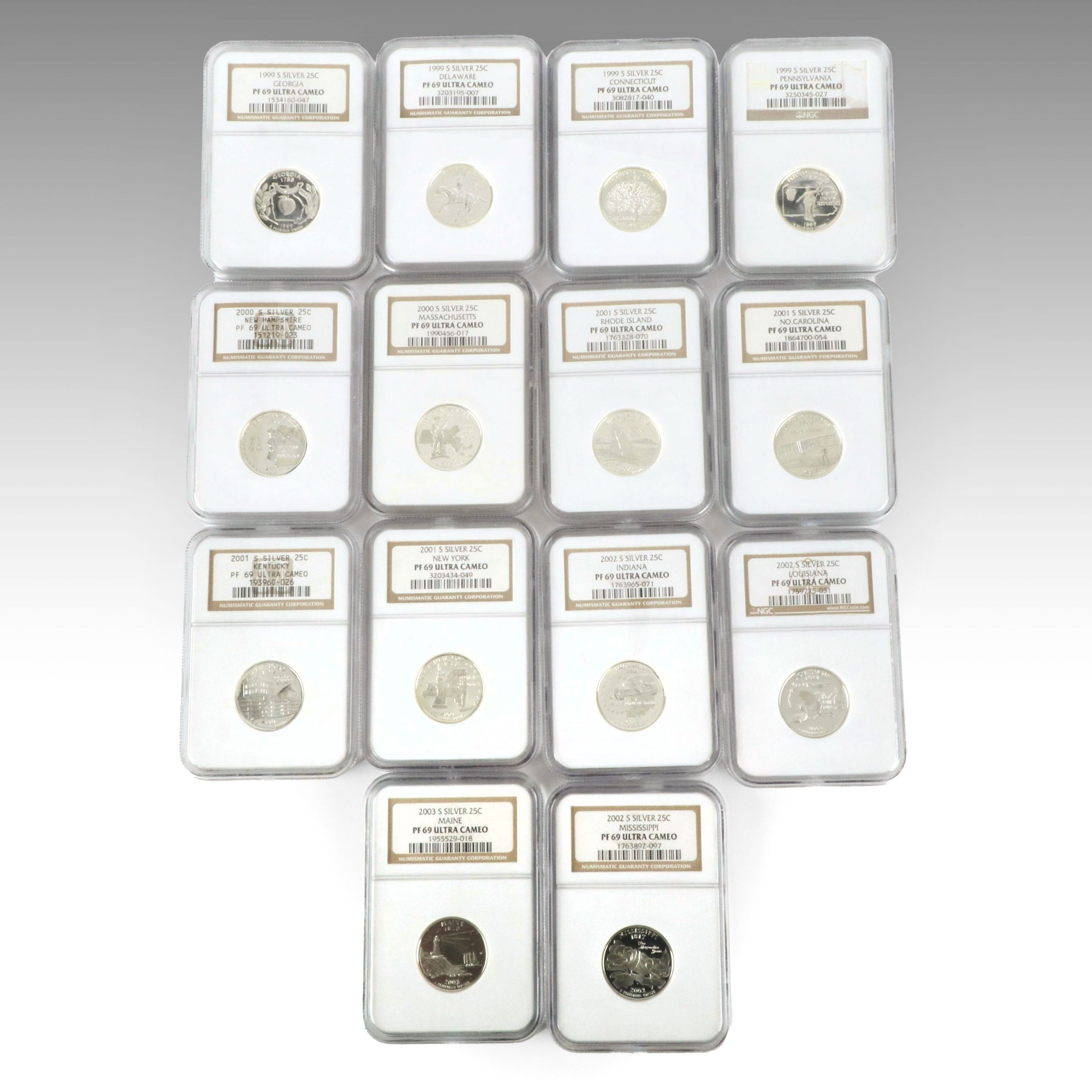 Fourteen Different NGC PF 69 Ultra Cameo Silver State Quarters