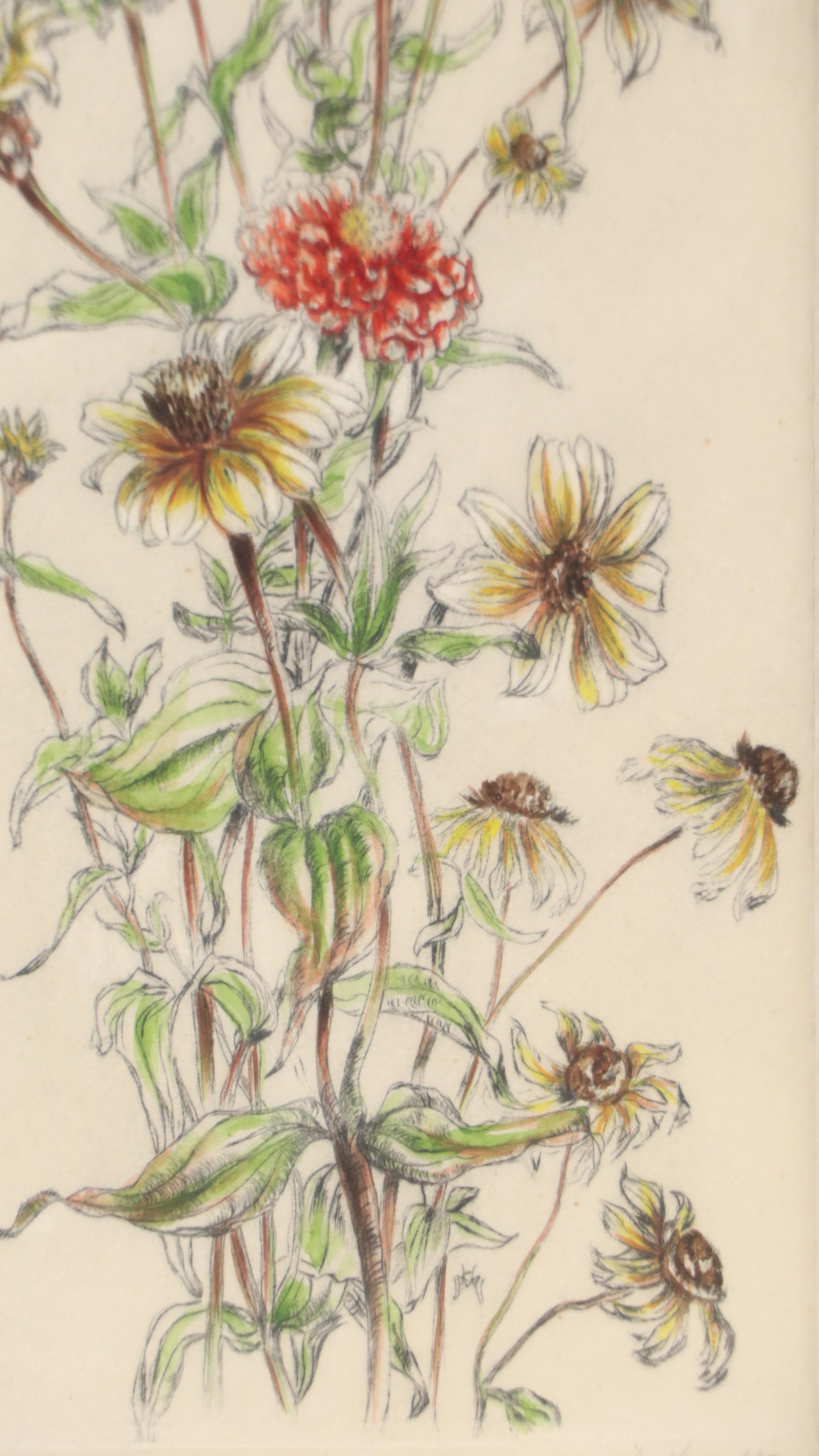 Floral Hand-Colored Lithograph of Mums and Black-Eyed Susans