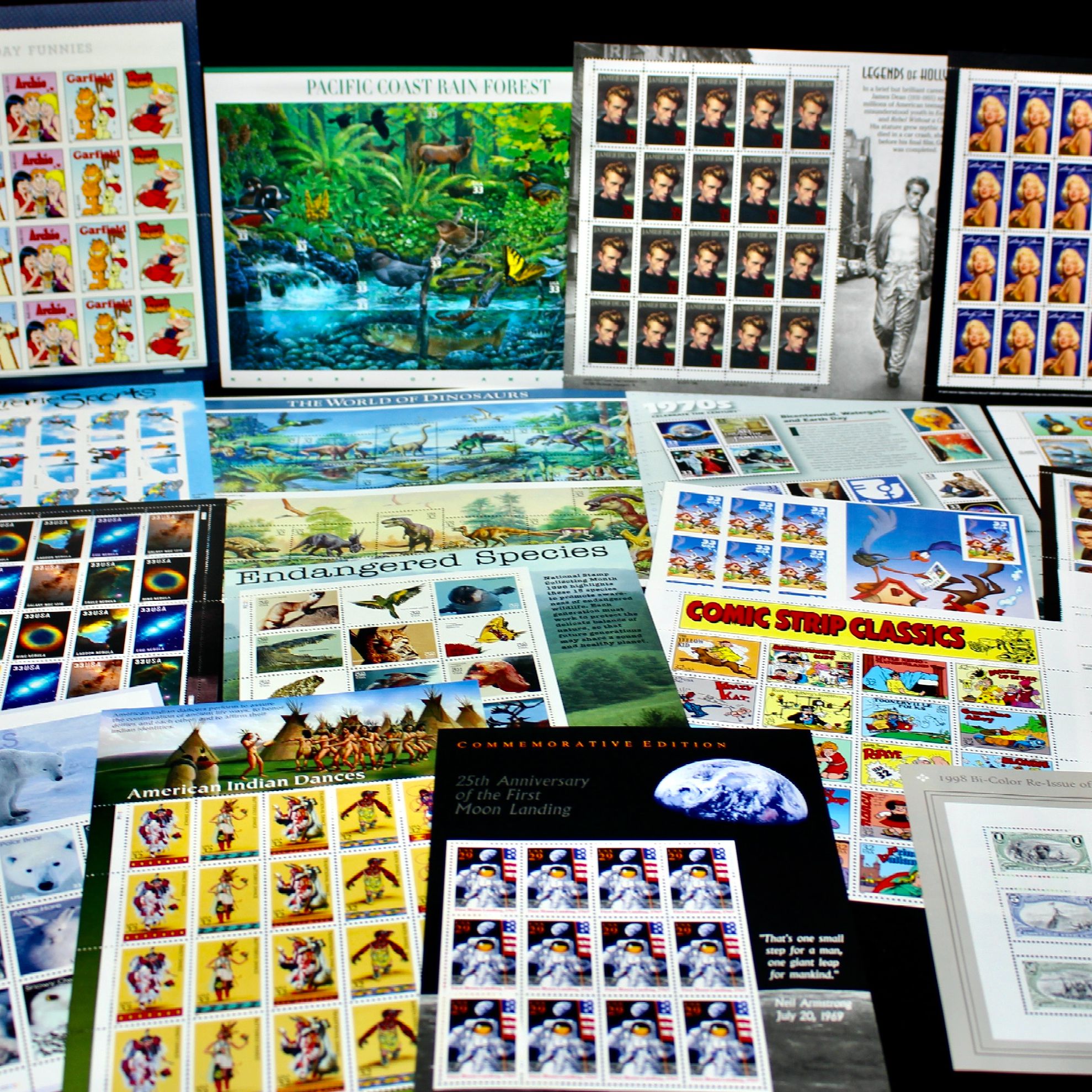 Eighteen Miniature U.S. Postage Stamp Sheets, Mint Condition
