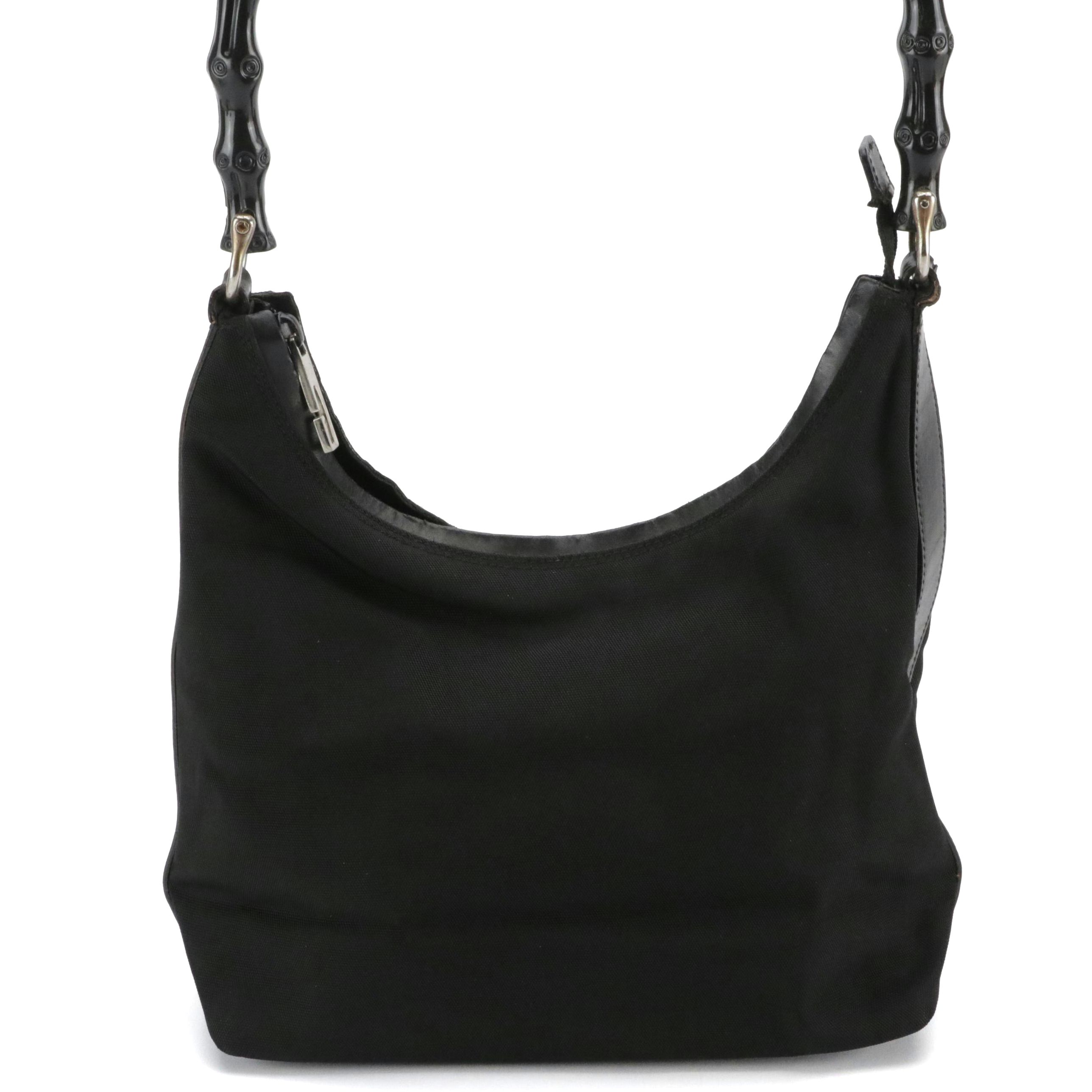 Gucci Bamboo Handle Hobo Shoulder Bag in Black Nylon Canvas and Leather