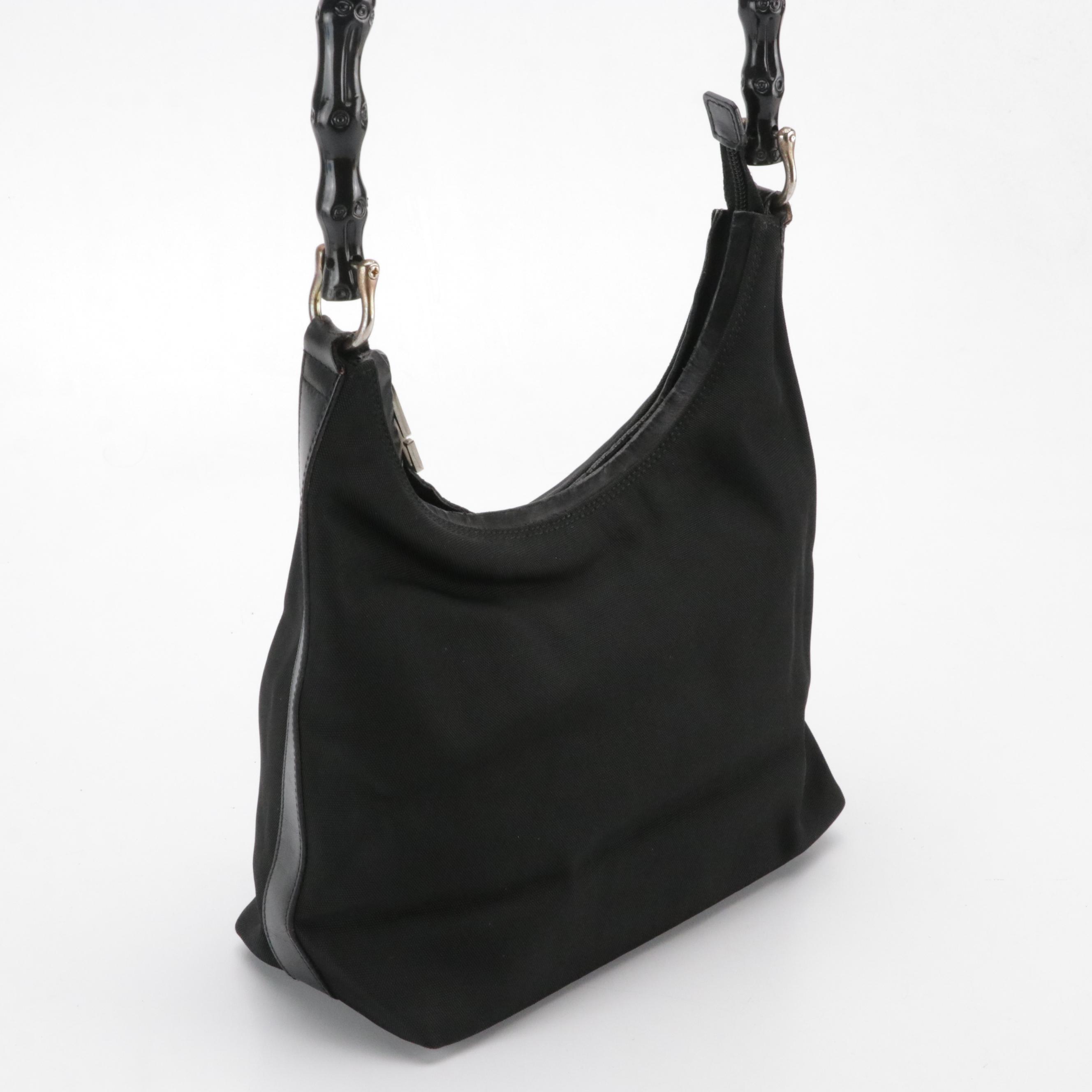 Gucci Bamboo Handle Hobo Shoulder Bag in Black Nylon Canvas and Leather