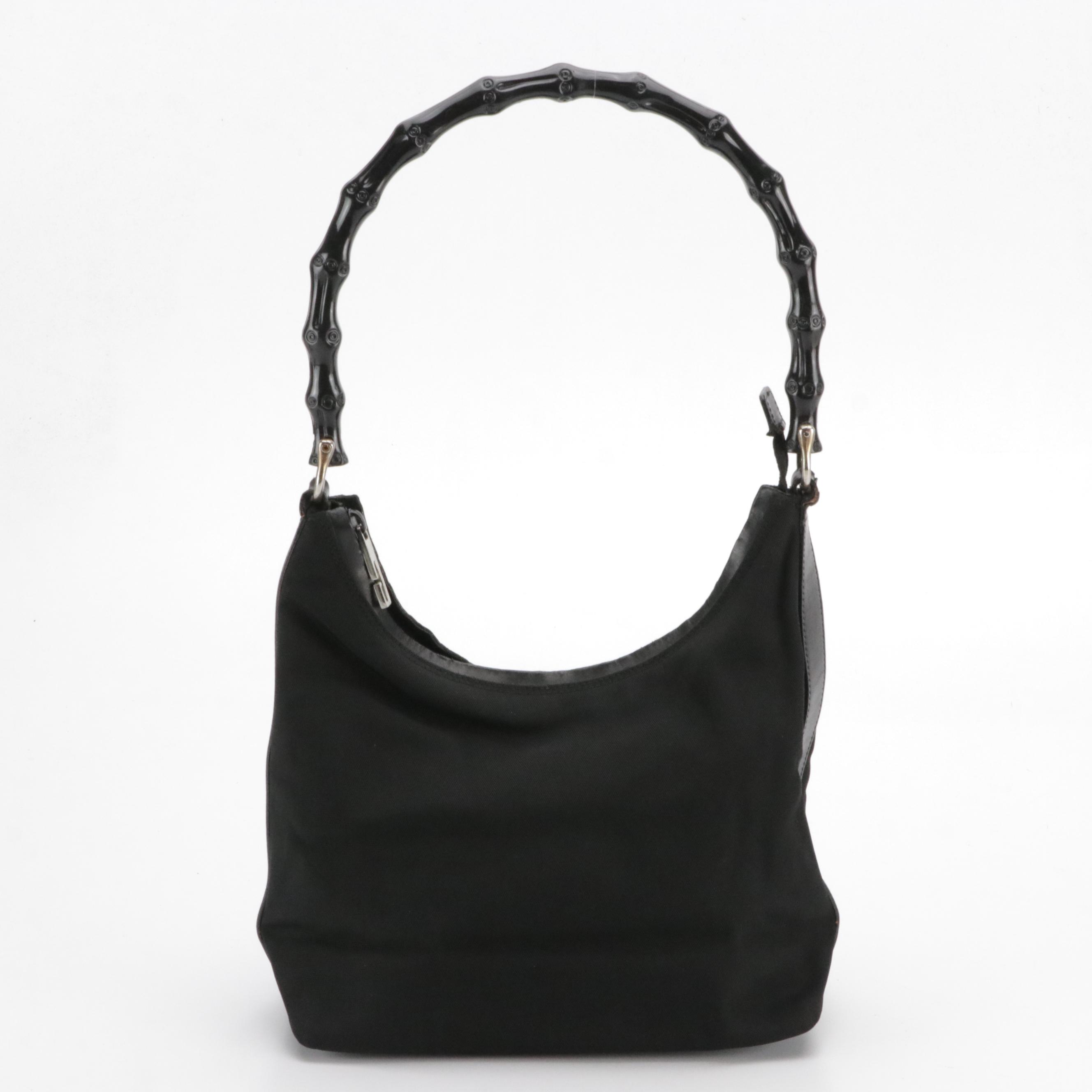 Gucci Bamboo Handle Hobo Shoulder Bag in Black Nylon Canvas and Leather