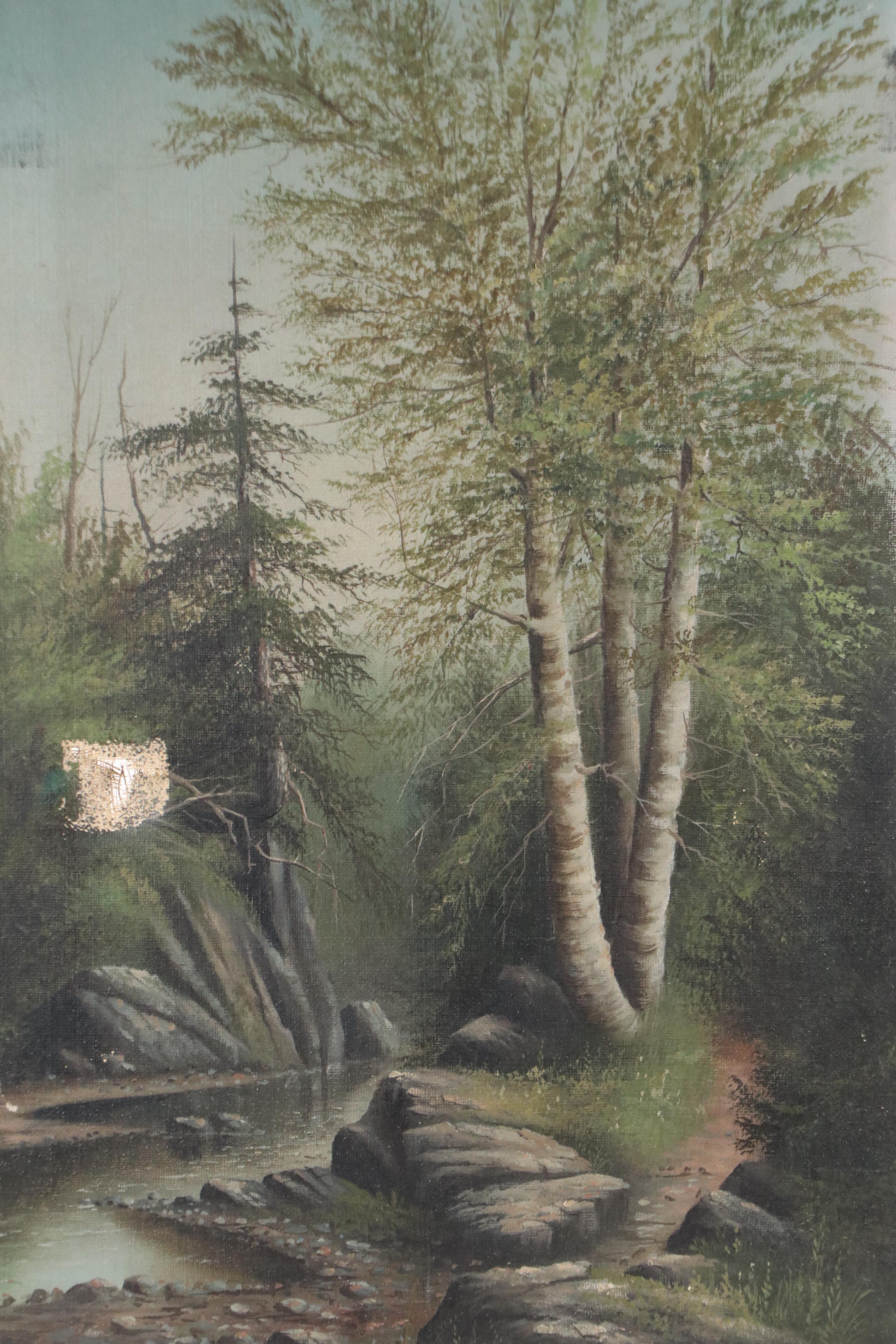 Landscape Oil Painting of Woodland River, 20th Century
