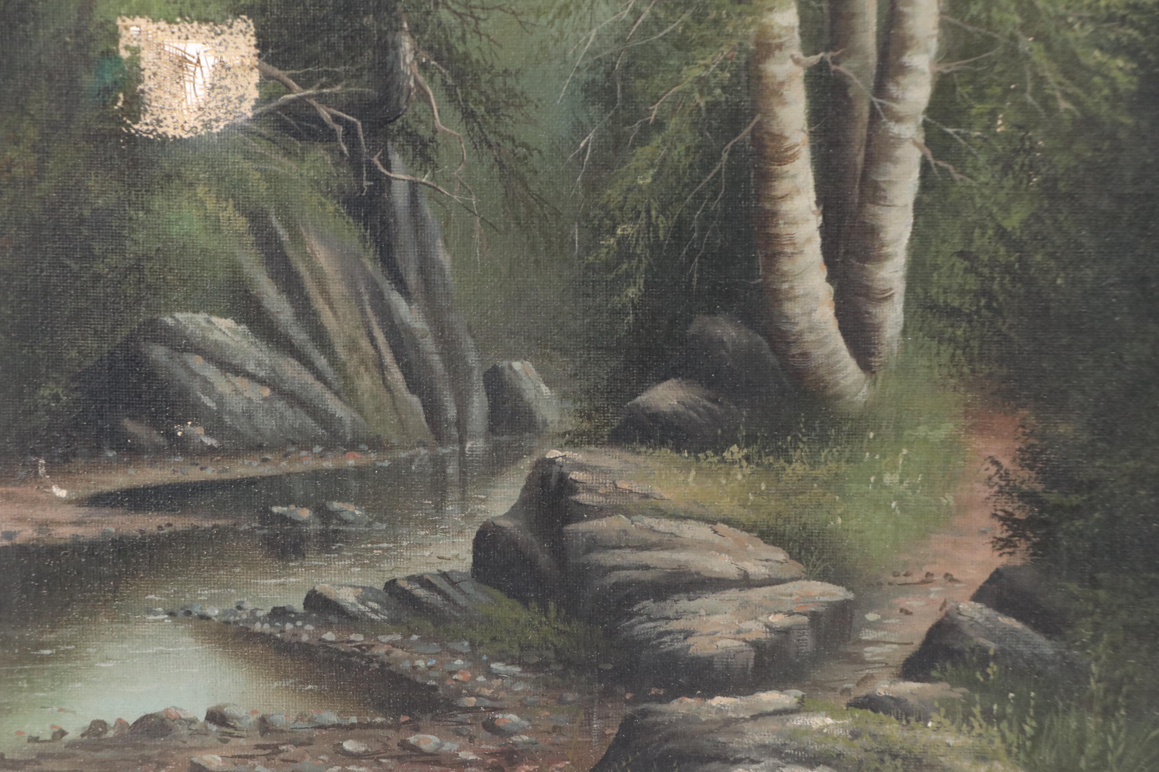 Landscape Oil Painting of Woodland River, 20th Century