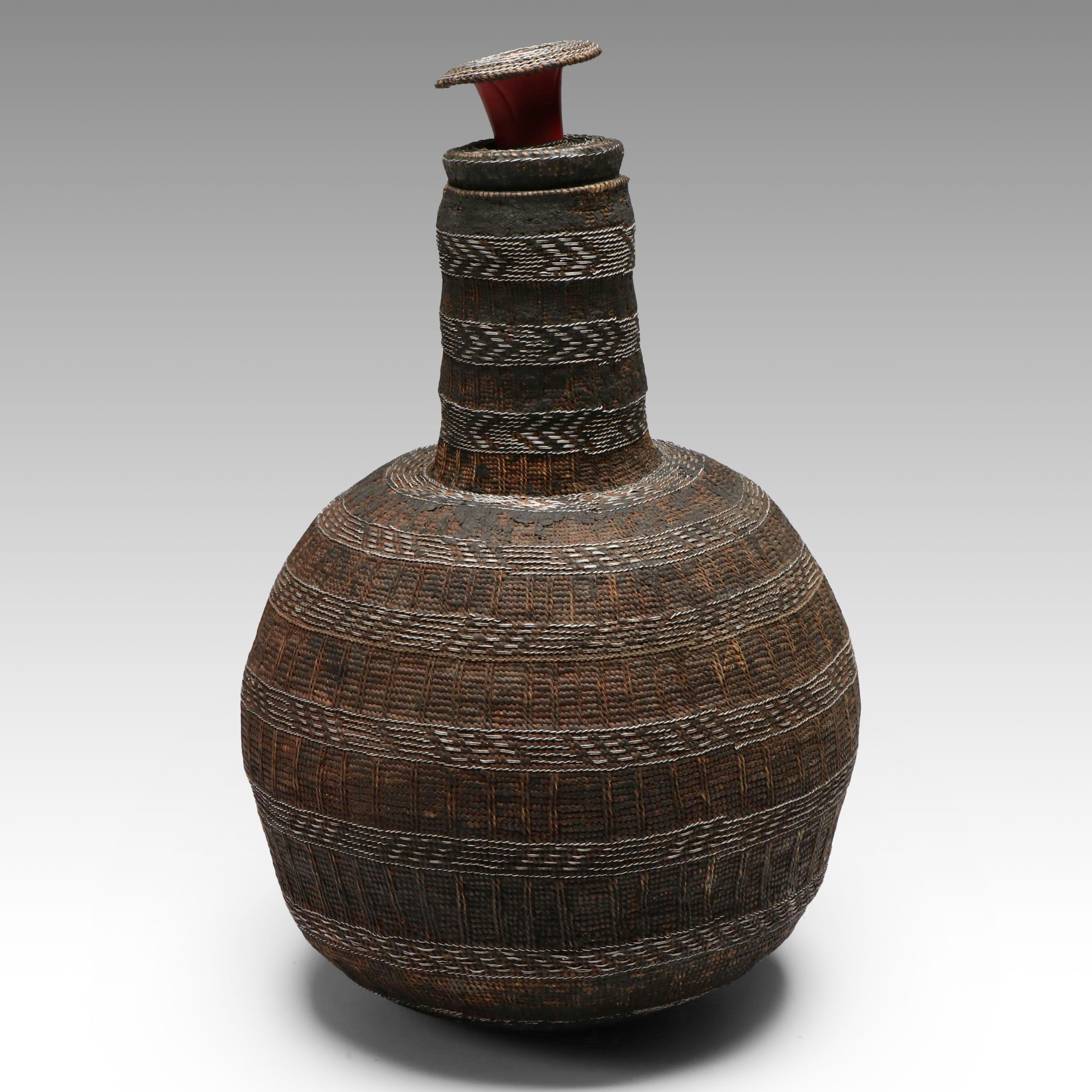 Ethiopian Oromo Peoples Basketry Milk Container with Metal Accents