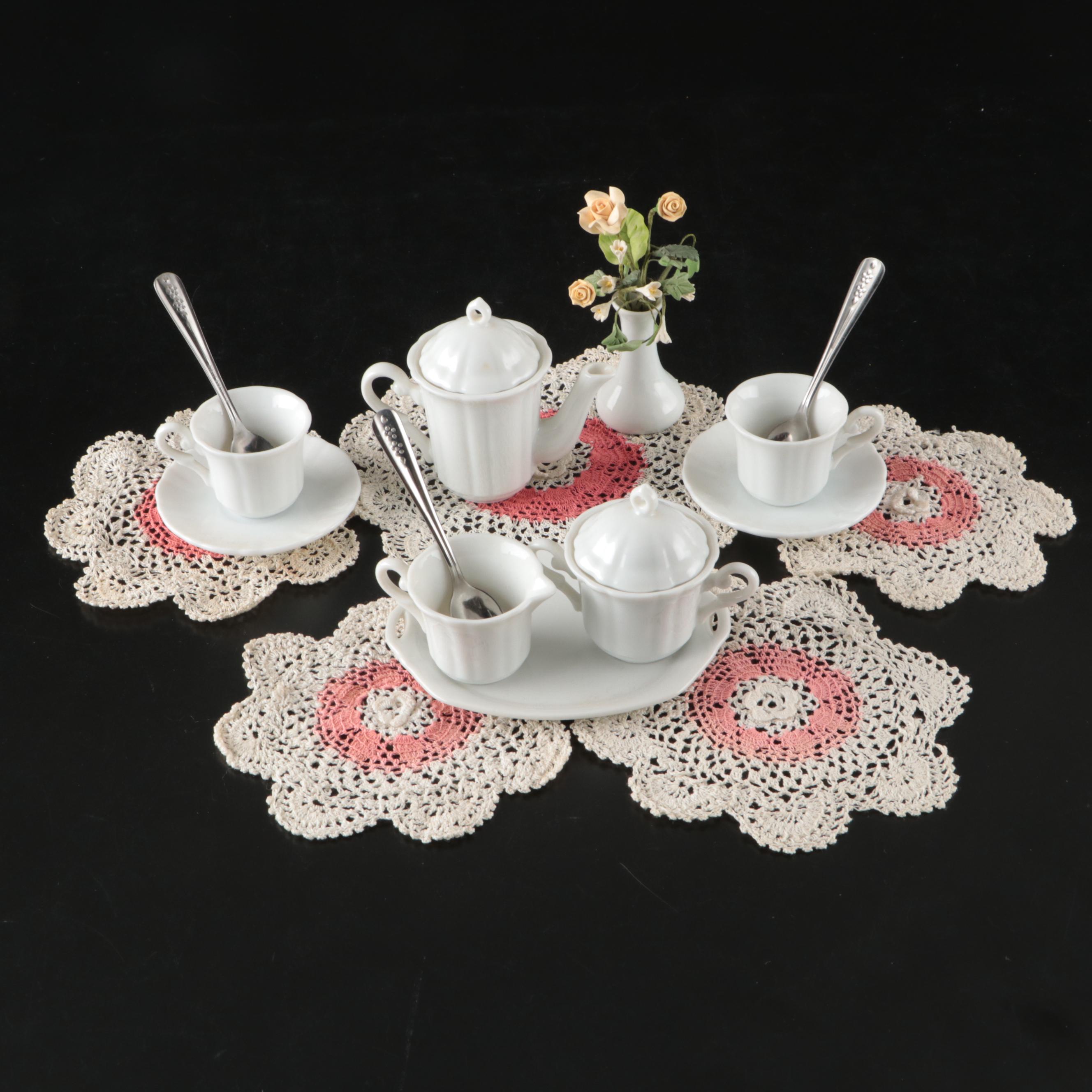 Ceramic Toy Tea Service with Crocheted Place Settings and Tablecloth