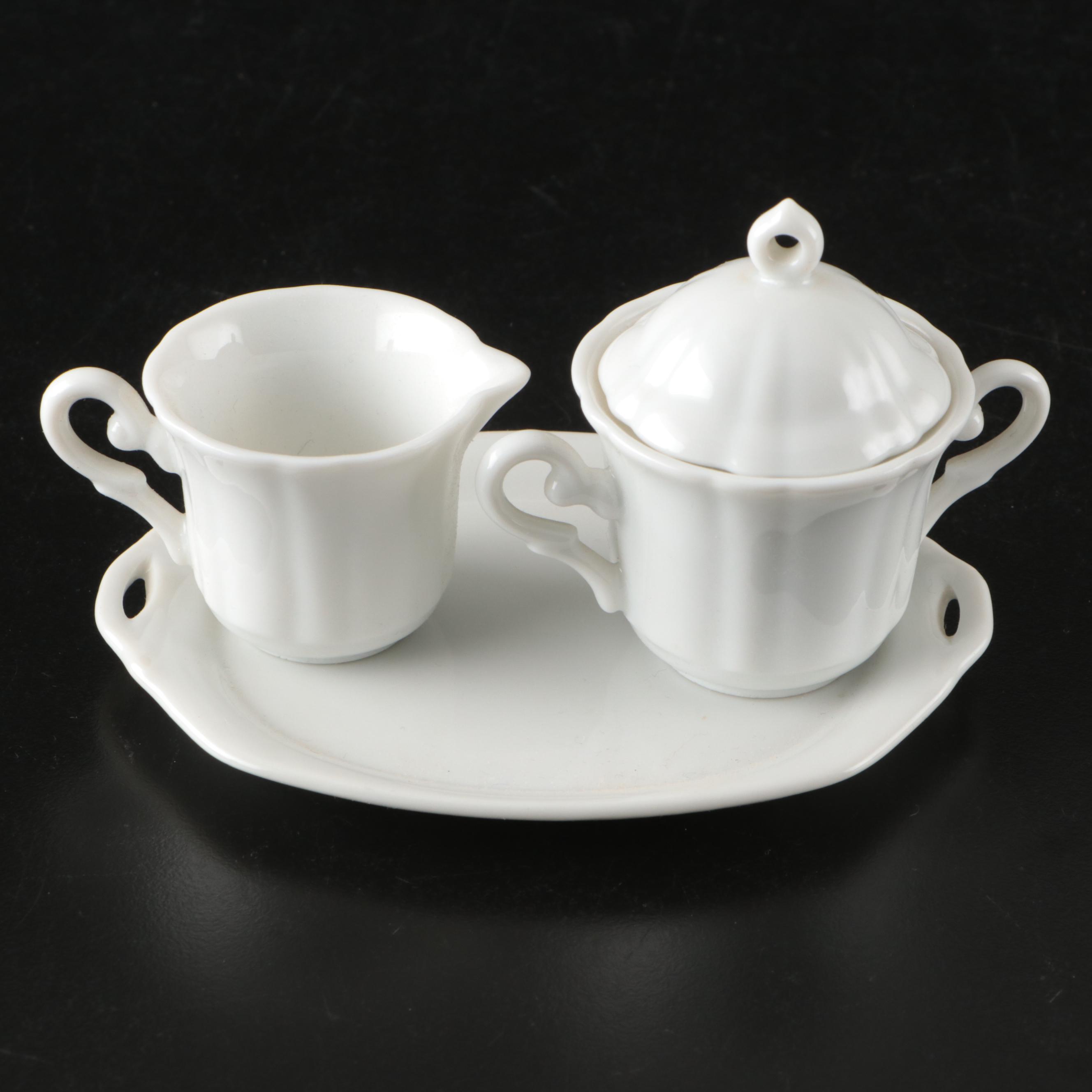 Ceramic Toy Tea Service with Crocheted Place Settings and Tablecloth