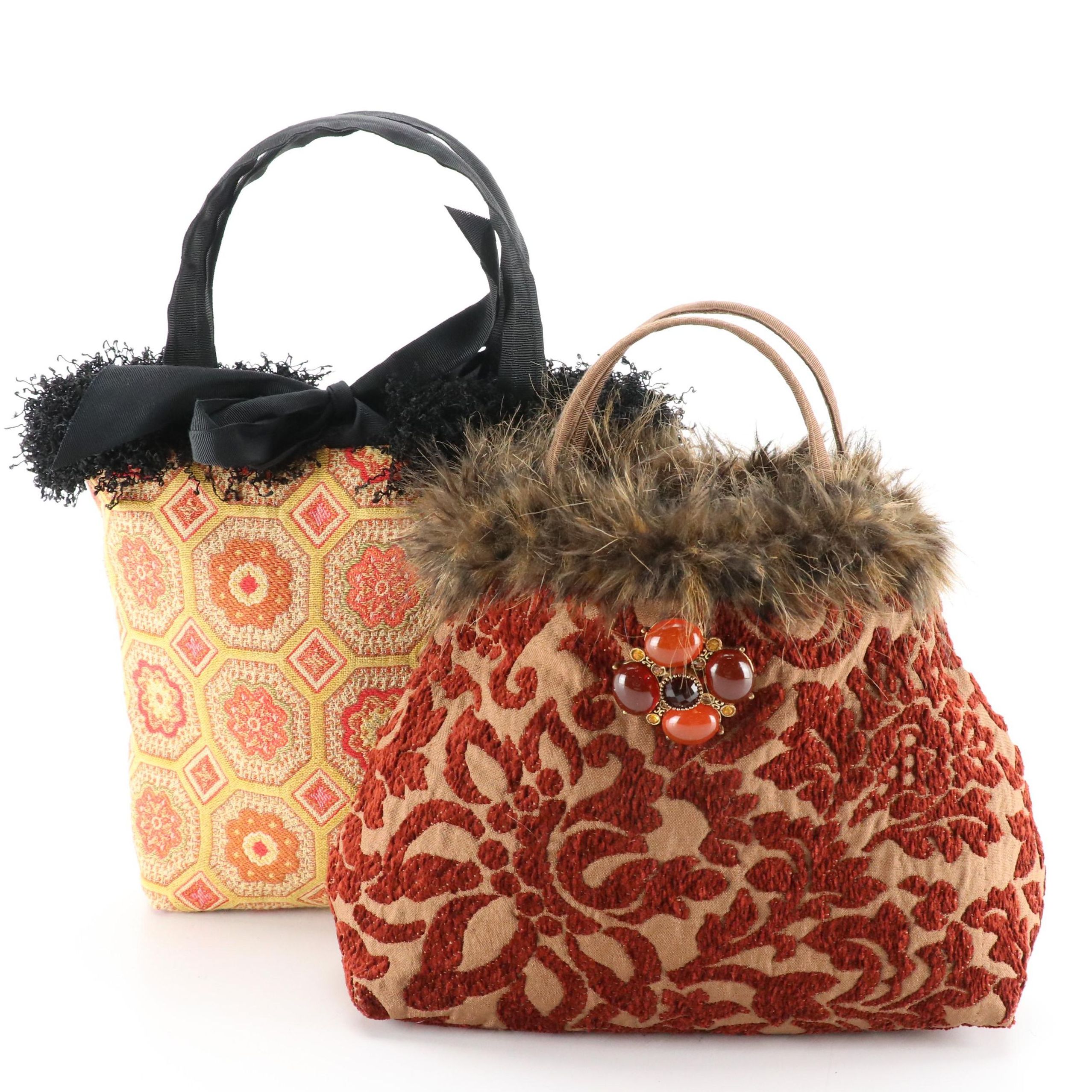 Handmade Tapestry Handbag with Faux Fur and Crinkled Yarn Trimming