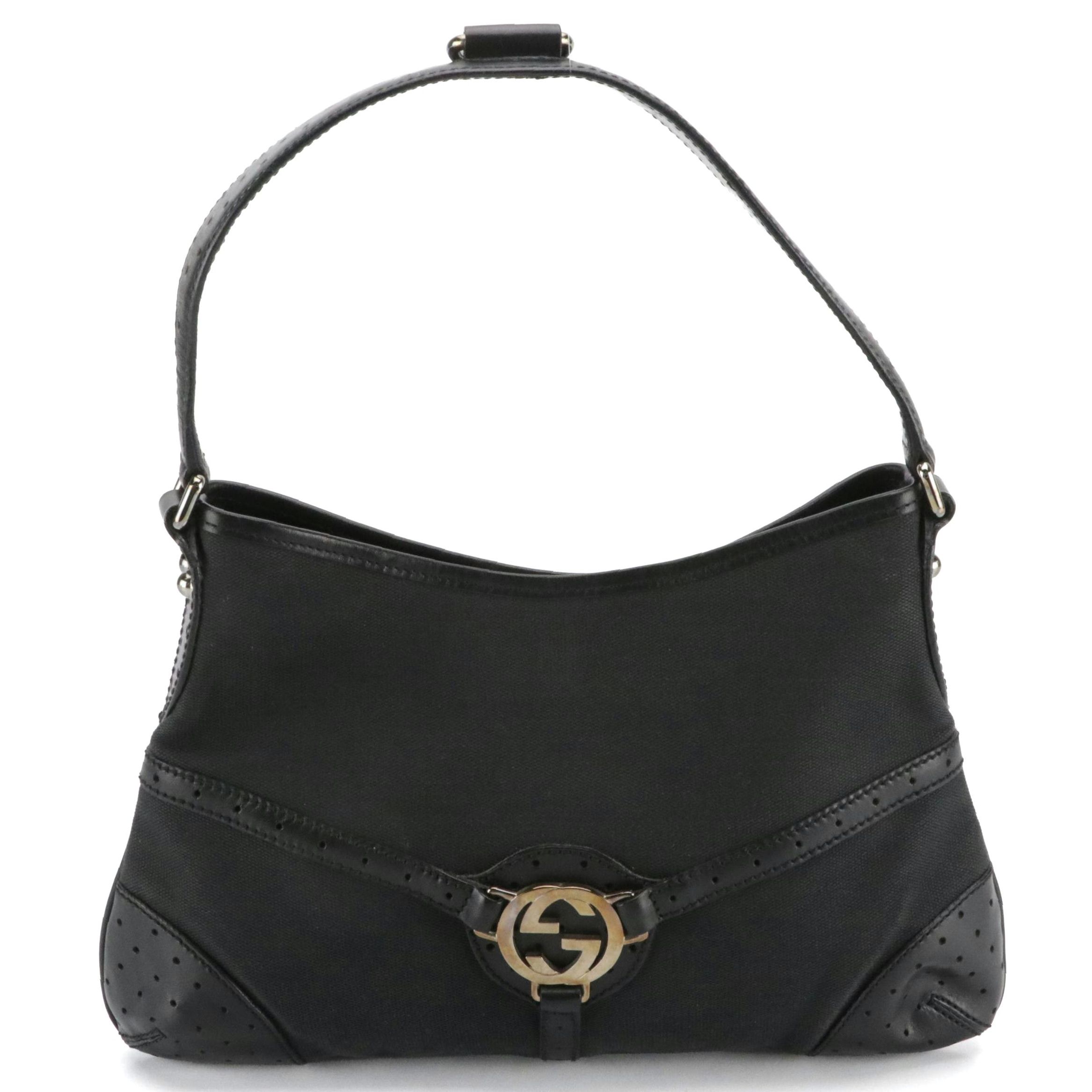 Gucci Small Reins Shoulder Bag in Black Canvas with Perforated Leather Trim