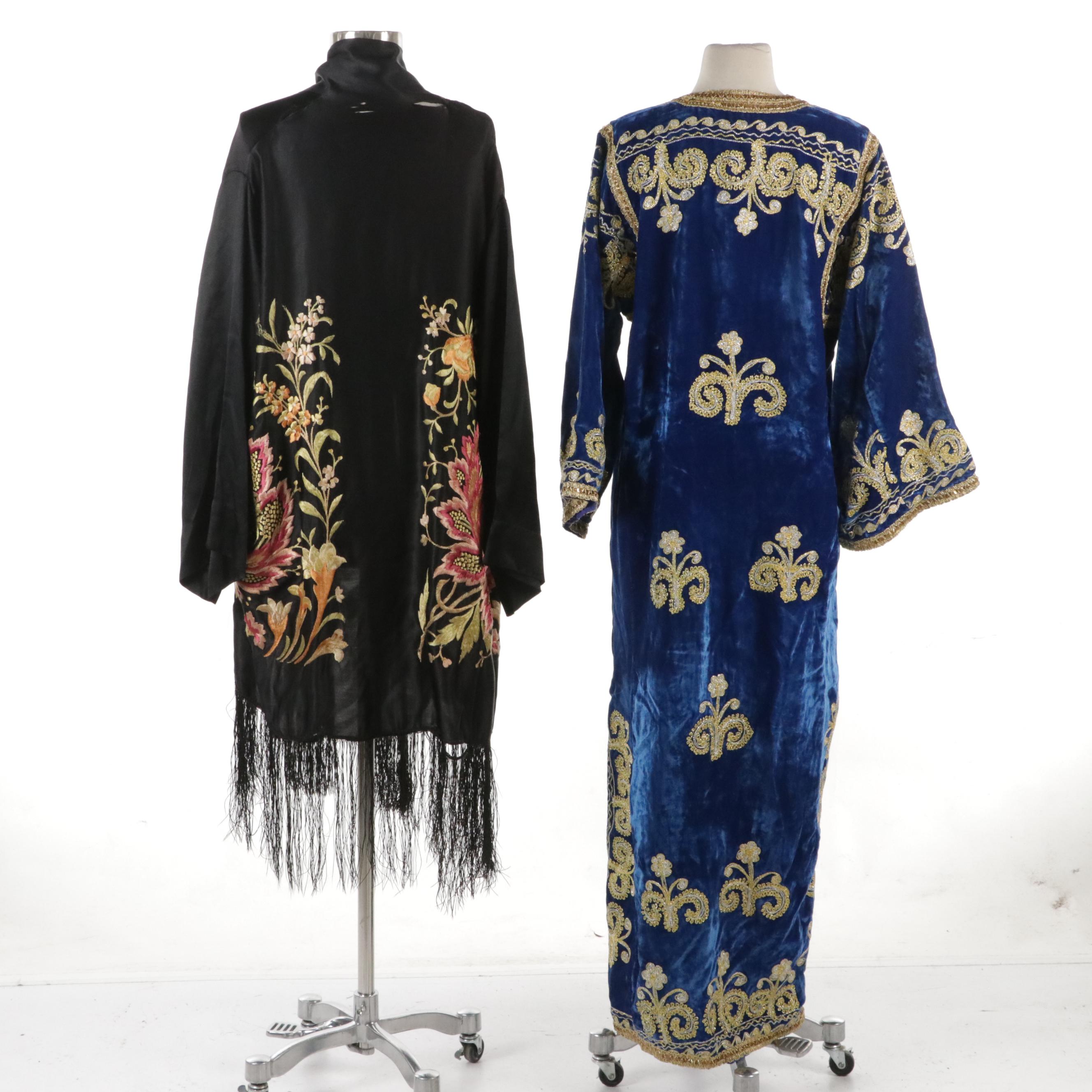 Moroccan Style Embroidered Blue Velvet Caftan and Fringed Embroidered Jacket