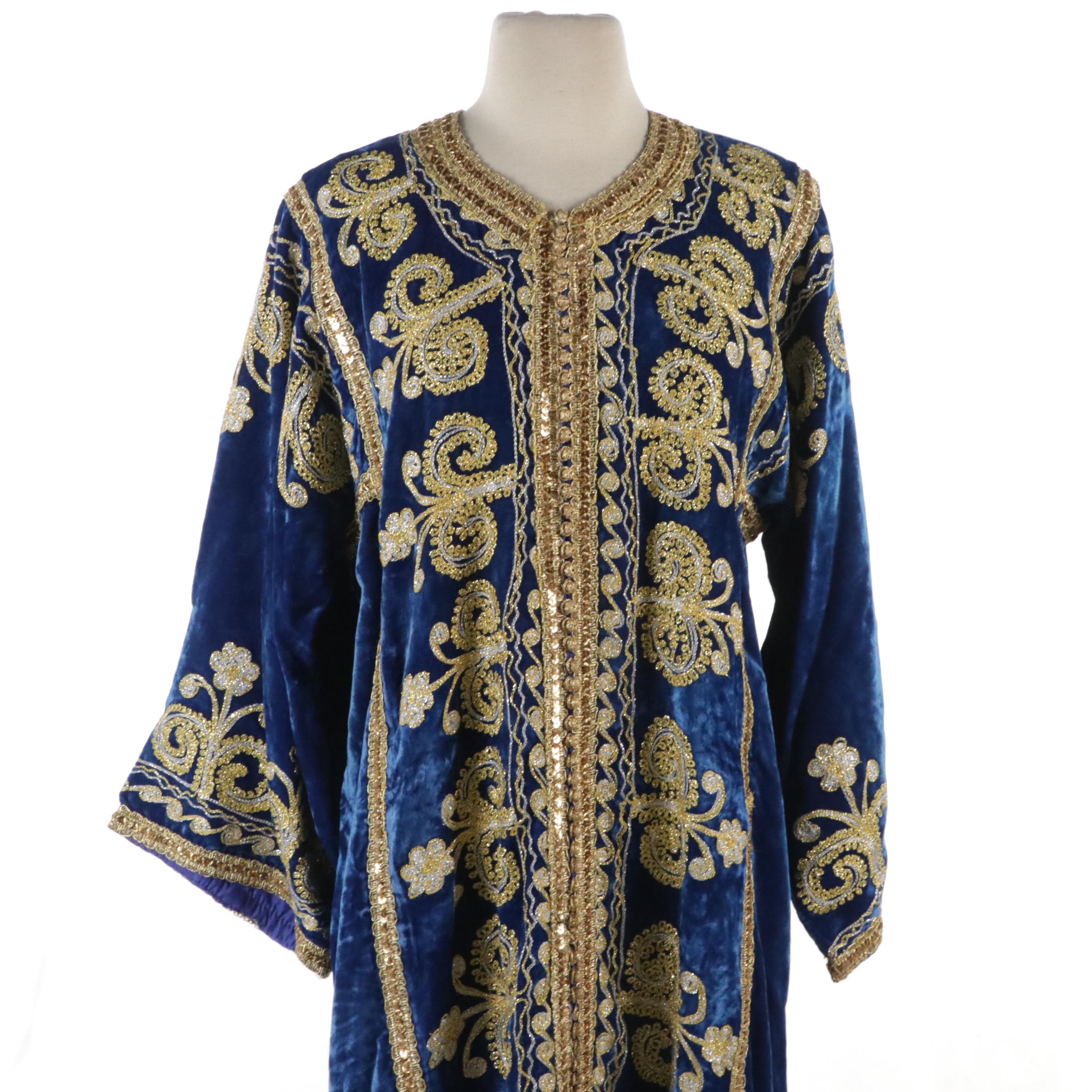 Moroccan Style Embroidered Blue Velvet Caftan and Fringed Embroidered Jacket
